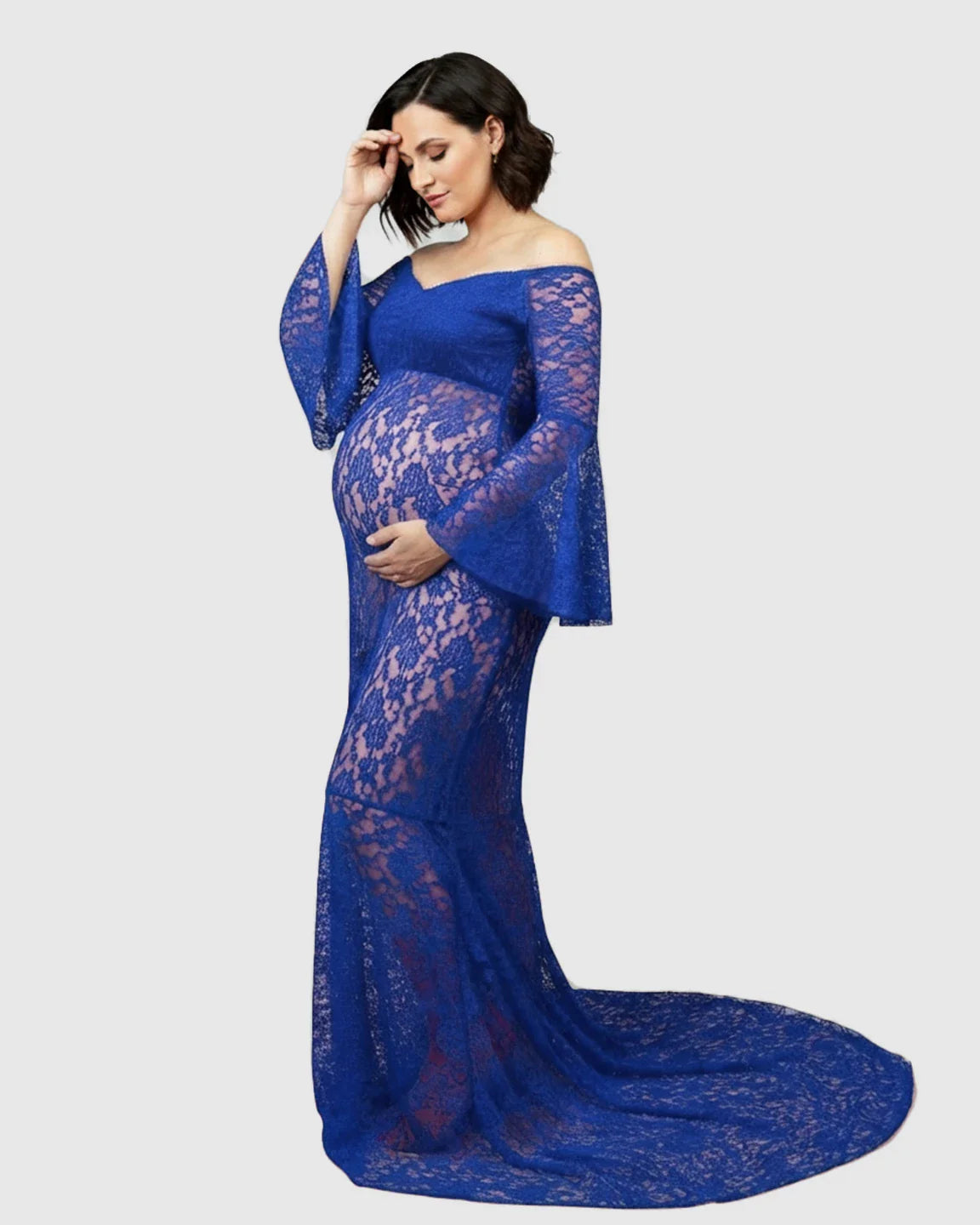 Bump Society – The Comfort Collection: Bell Lace Sleeve Trailing Maternity Gown