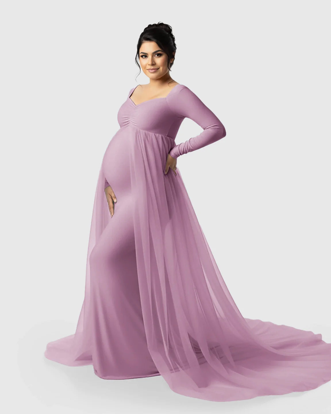 Bump Society – The Comfort Collection: Sheer Mesh Flowy Train Maternity Maxi Dress