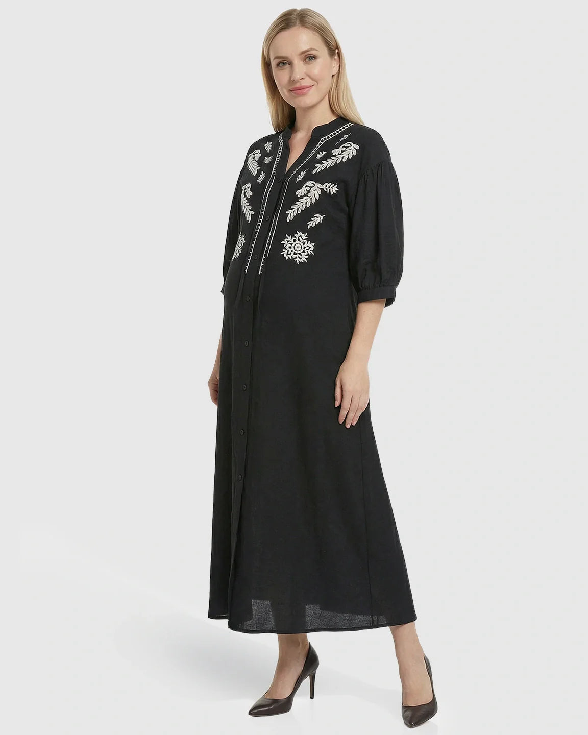 Bump Society – The Comfort Collection: Embroidered Mandarin Collar Loose Maternity Midi Dress