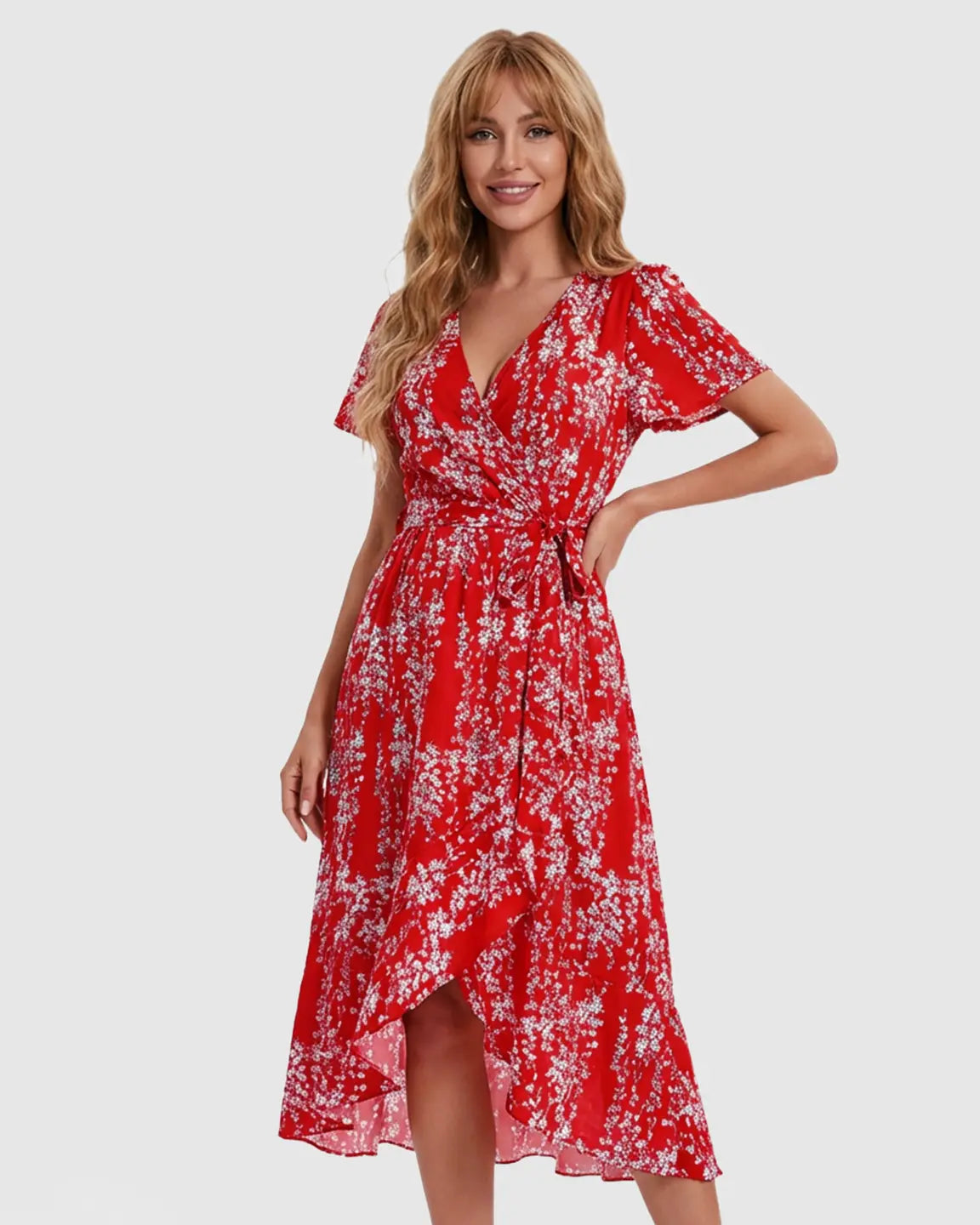 Red floral V-neck ruffled hem maternity midi dress with a tie waist, worn by a smiling woman.