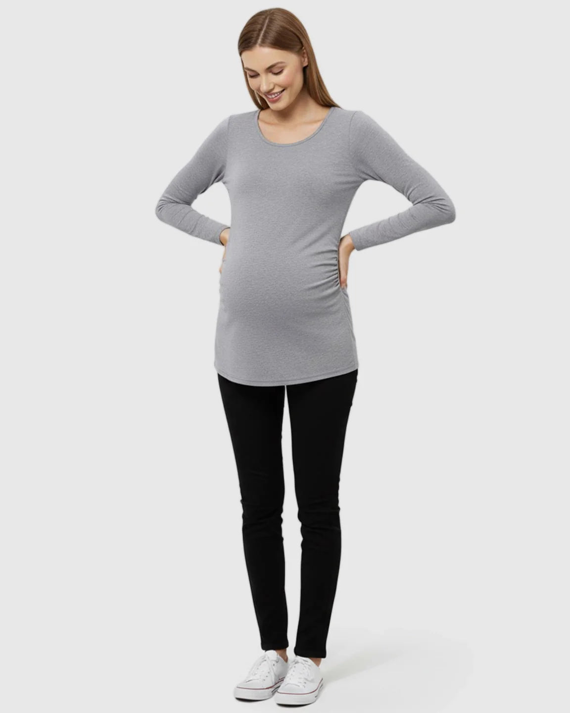 Bump Society – The Comfort Collection: Side Ruched Slim Fit Long Sleeve Maternity Top