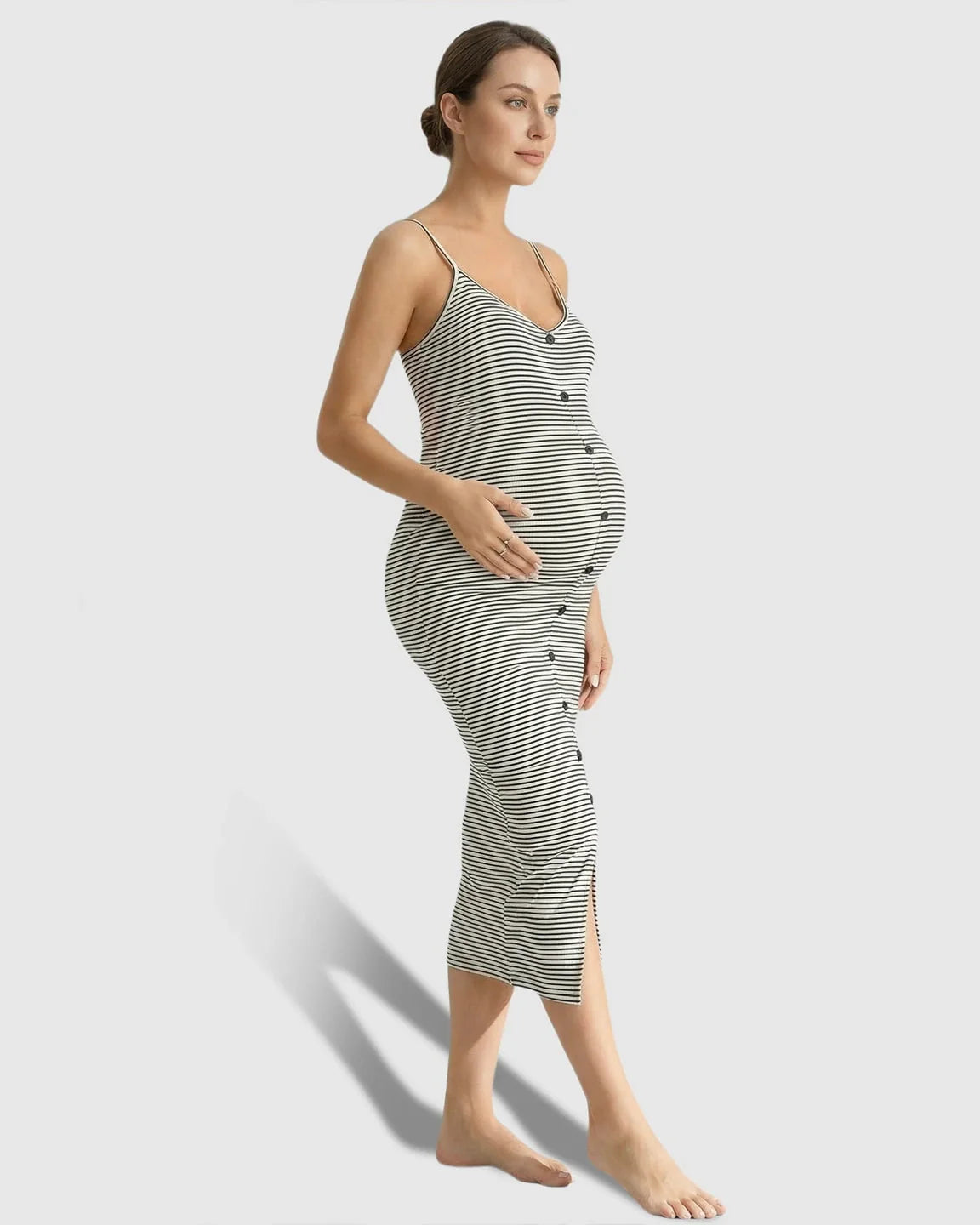 Bump Society – The Comfort Collection: Striped Button-Down Bodycon Maternity Midi Dress