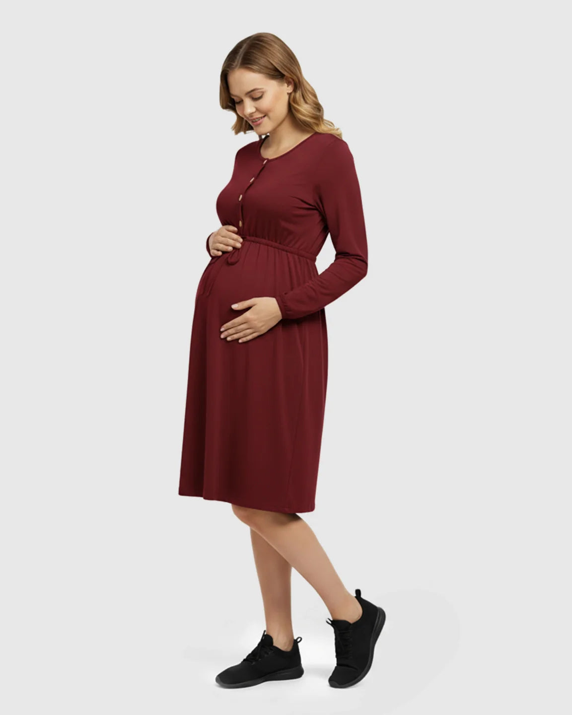 Bump Society – The Comfort Collection: Button-Front Drawstring Waist Maternity Dress