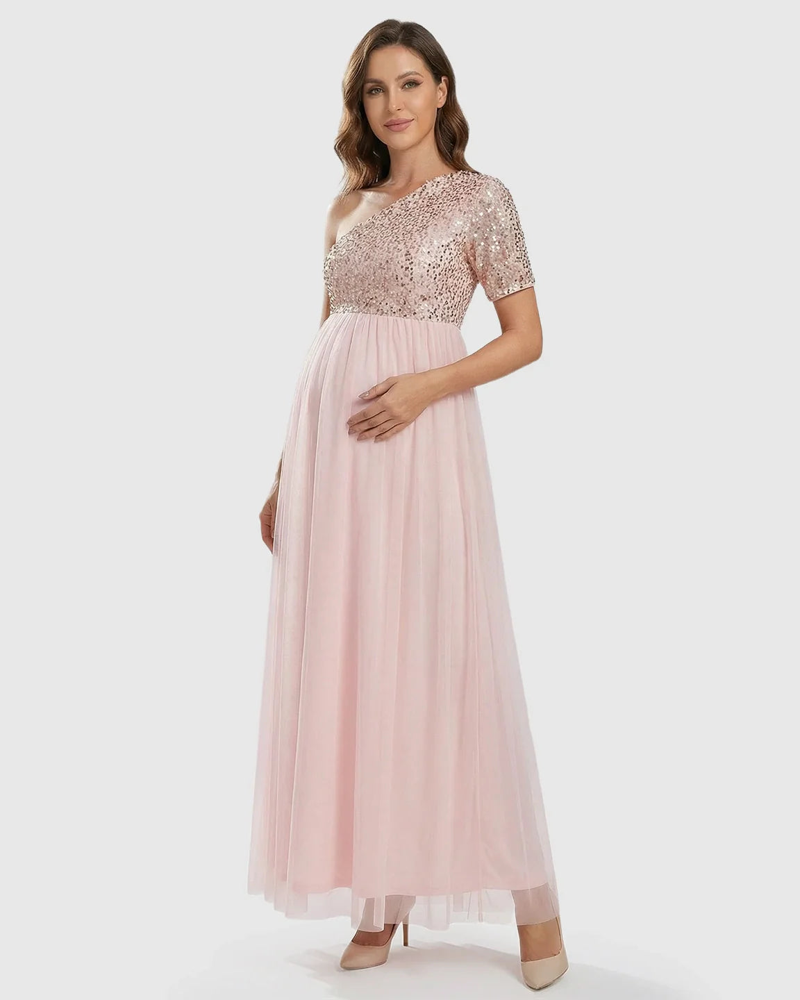Bump Society – The Comfort Collection: Sequin Bodice Flowing Mesh Maternity Maxi Dress