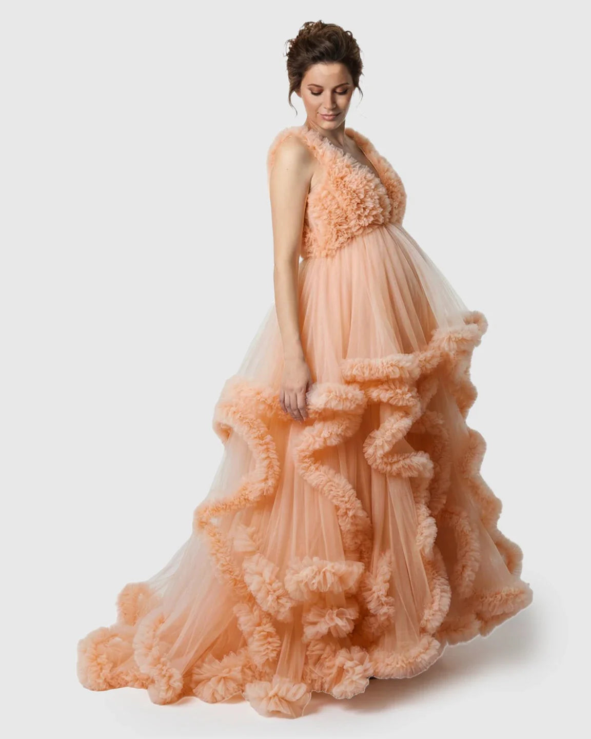 Bump Society – The Comfort Collection: Ruffled Bodice Multi-Layer Mesh Pleats Maternity Gown
