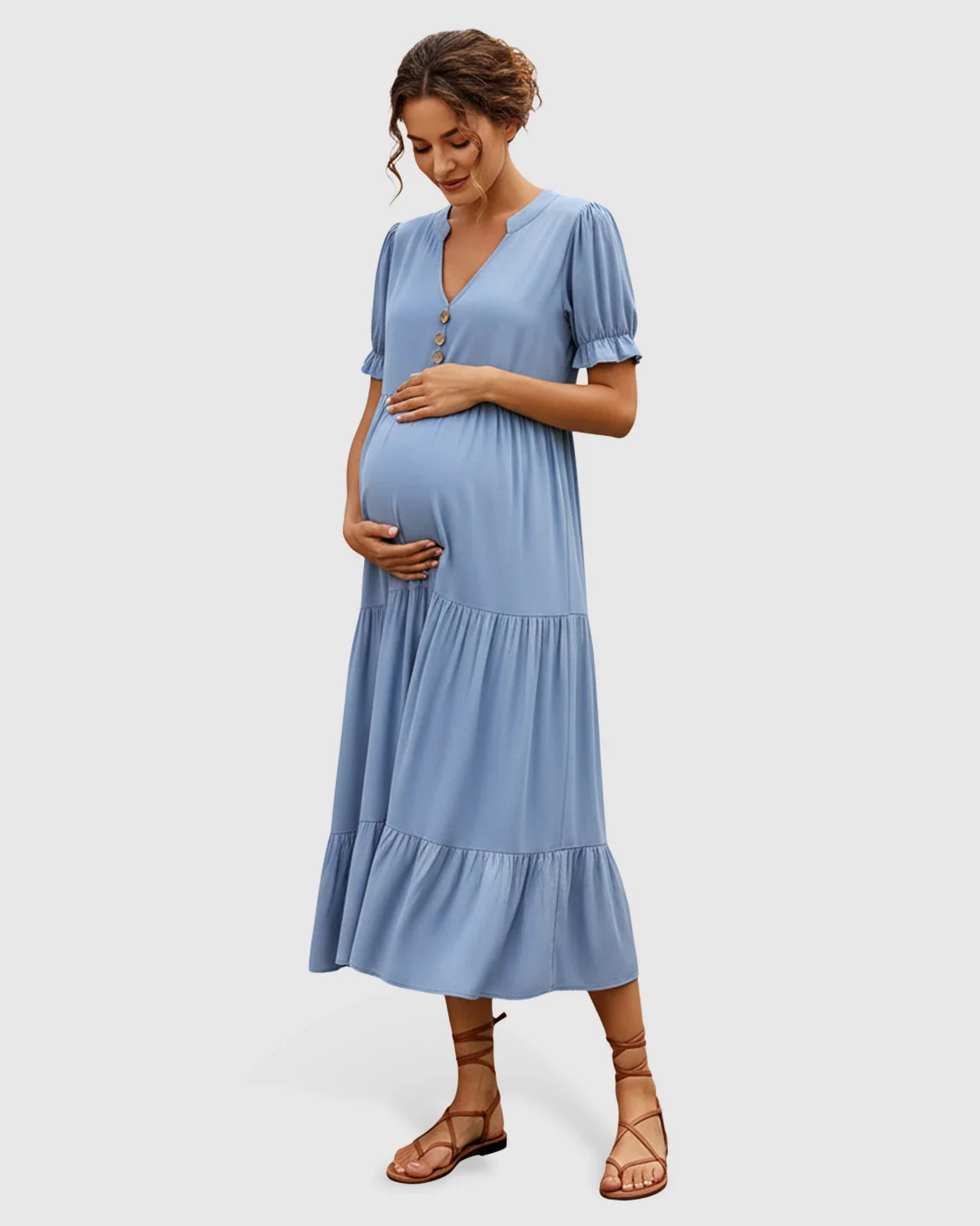 Bump Society – The Comfort Collection: Stand Up Collar Tiered Skirt Maternity Midi Dress