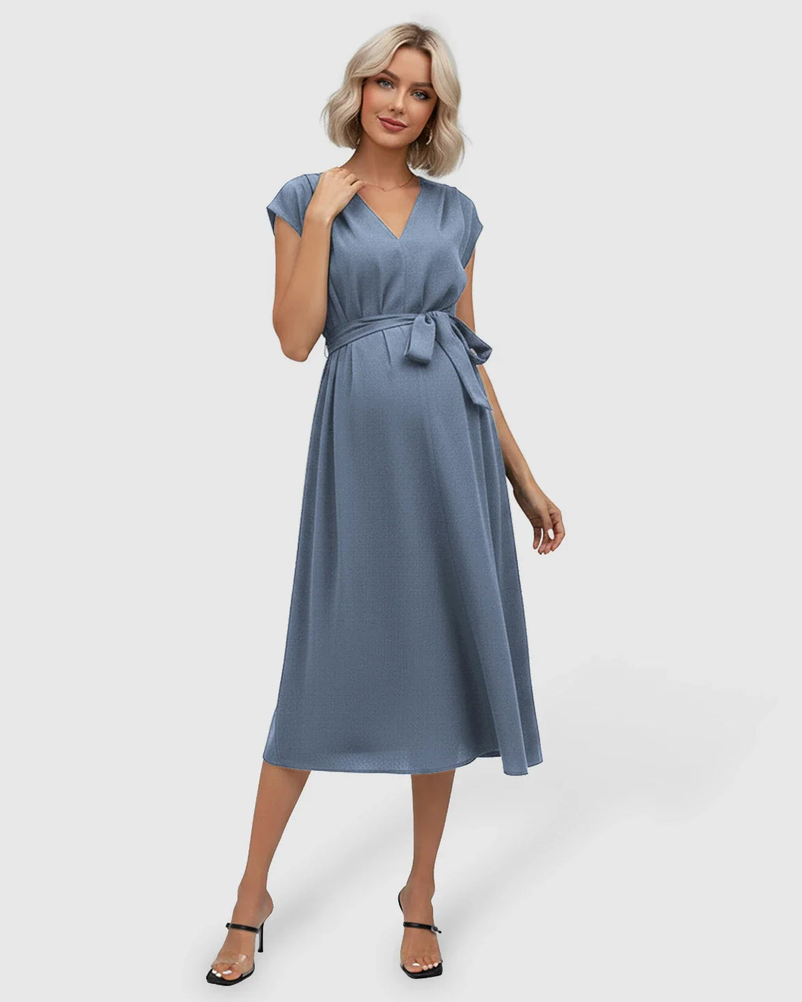 Maternity midi dress in dusty blue with V-neck, flutter sleeves, and adjustable tie-waist.