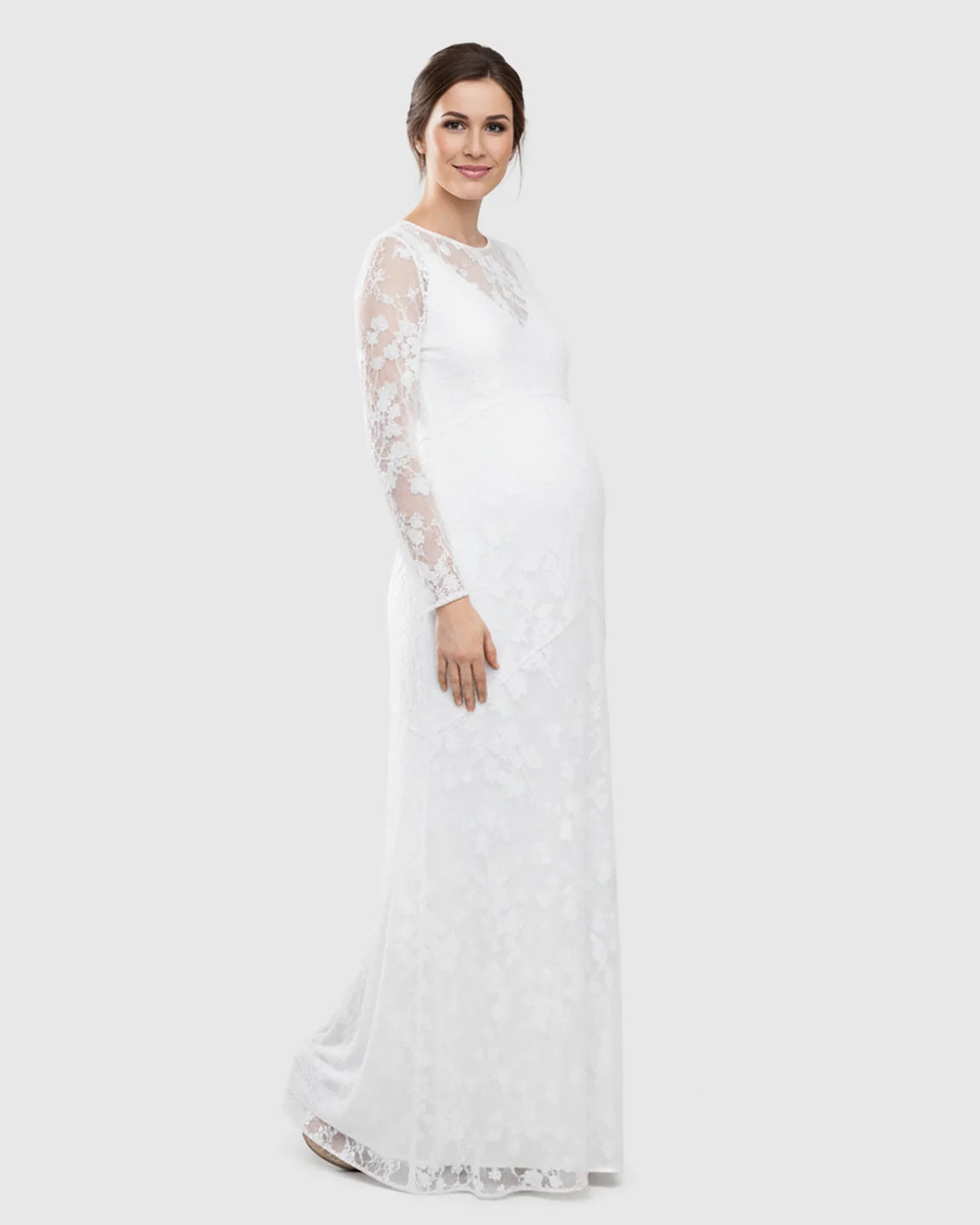 Bump Society – The Comfort Collection: Detachable Mesh Lace V-Neck Maternity Wedding Dress