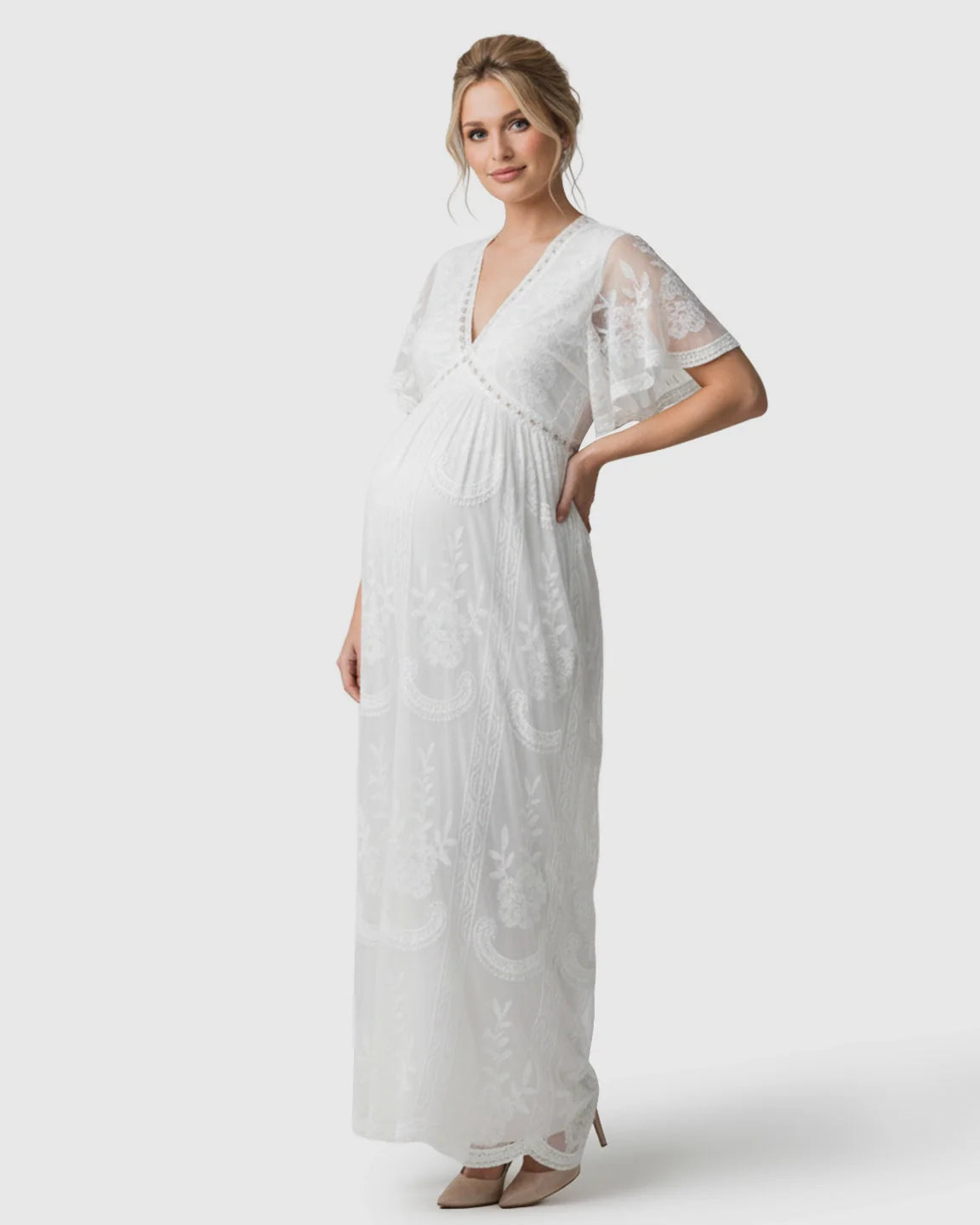 Bump Society – The Comfort Collection: Sheer-Lace Romantic Maternity Maxi Dress