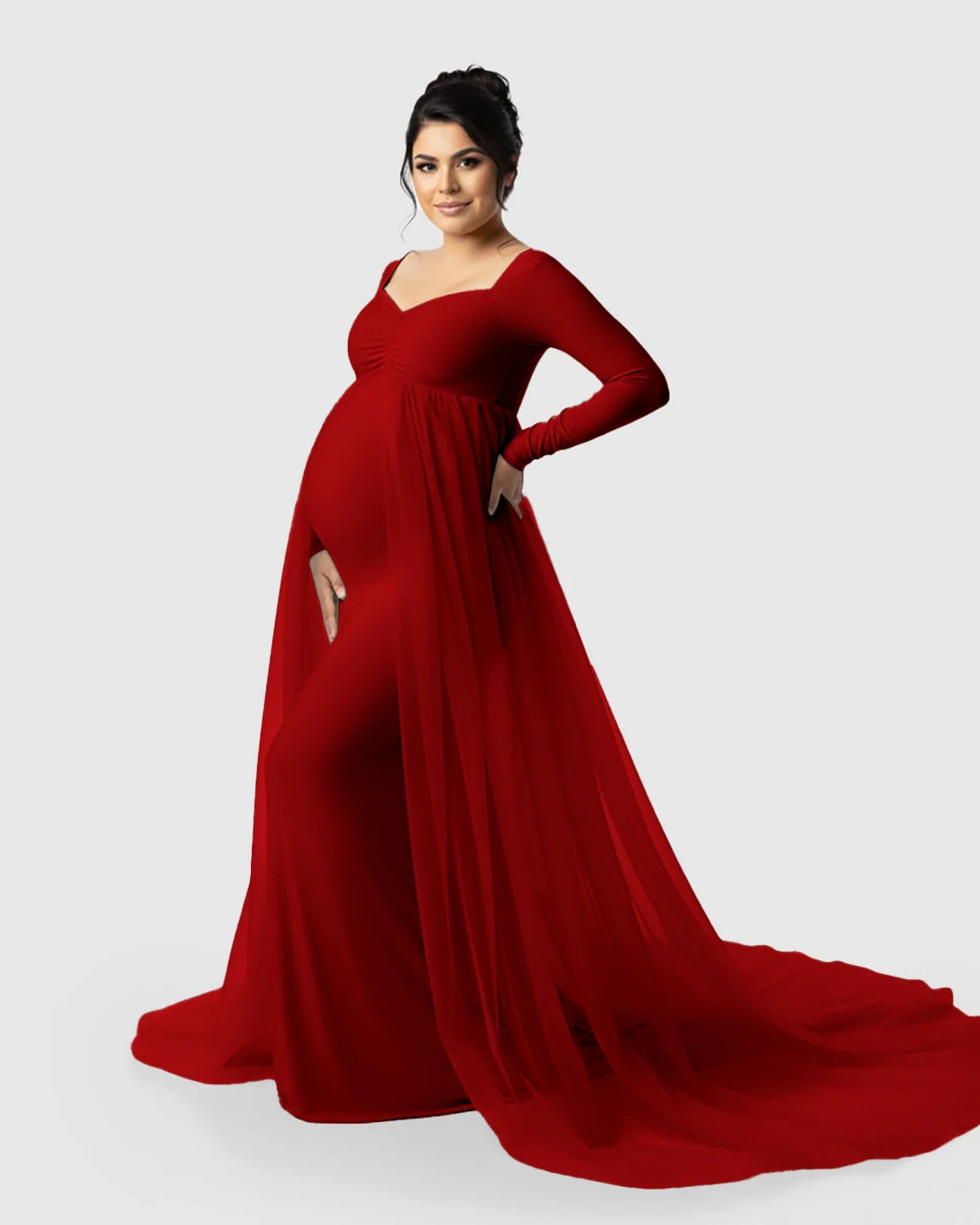 Bump Society – The Comfort Collection: Sheer Mesh Flowy Train Maternity Maxi Dress