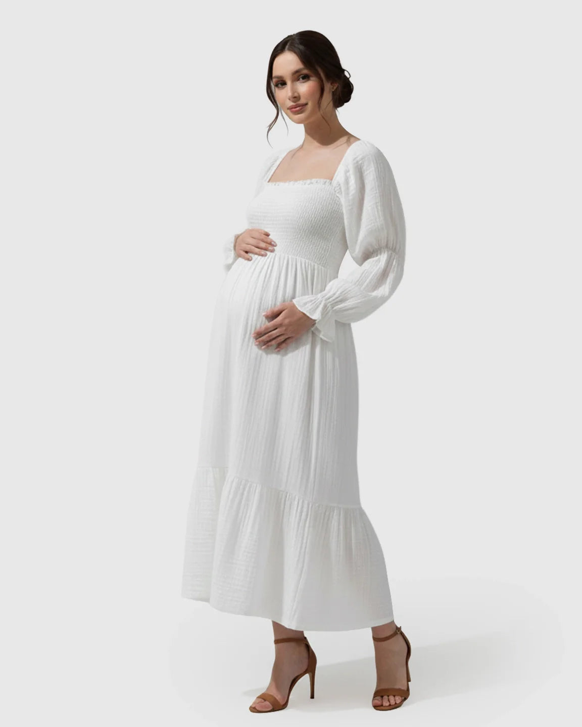 Bump Society – The Comfort Collection: Puffed Long-Sleeve Tiered Skirt Maternity Maxi Dress