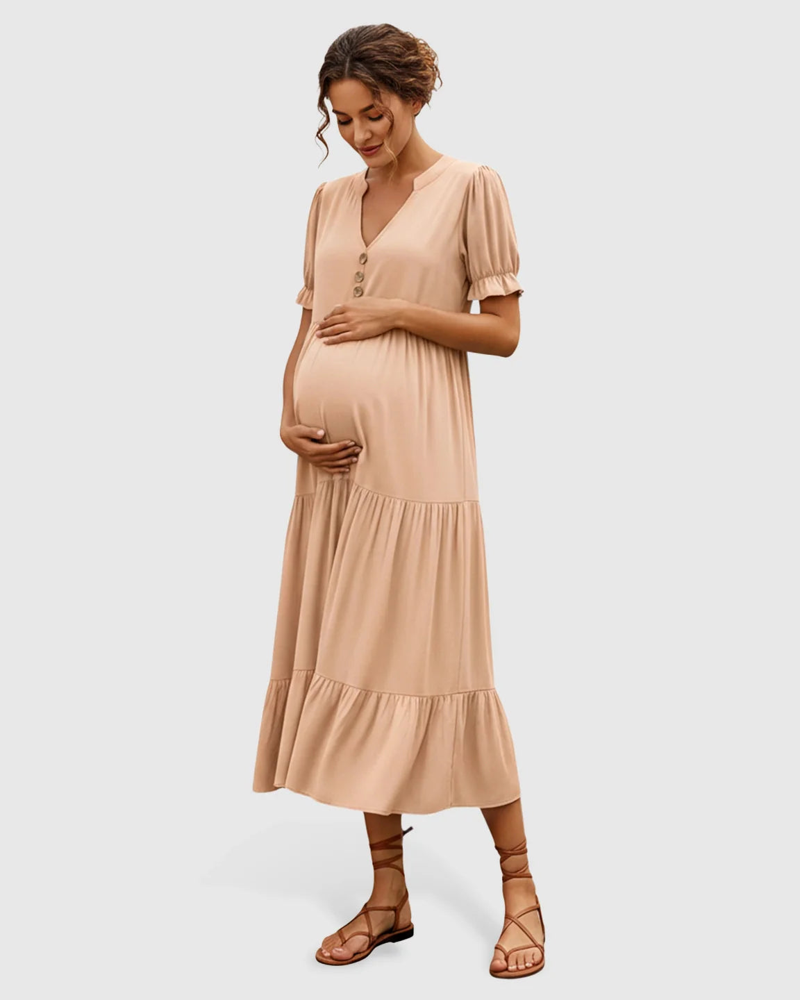 Bump Society – The Comfort Collection: Stand Up Collar Tiered Skirt Maternity Midi Dress