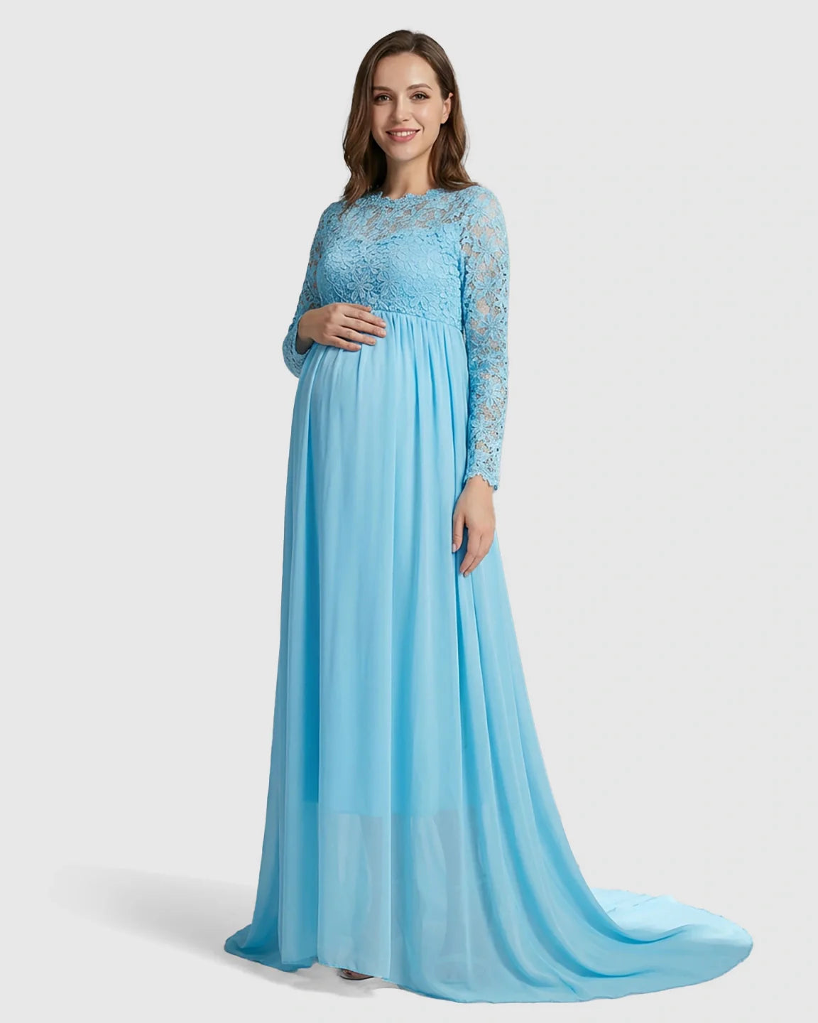 Bump Society – The Comfort Collection: Lace Bodice Trailing Skirt Maternity Photoshoot Gown