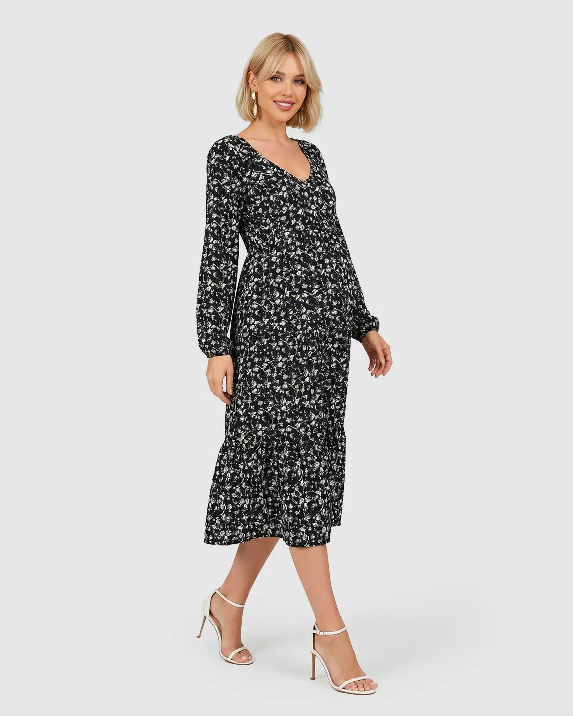 Bump Society – The Comfort Collection: Long Sleeve Dark Floral Print Maternity Midi Dress