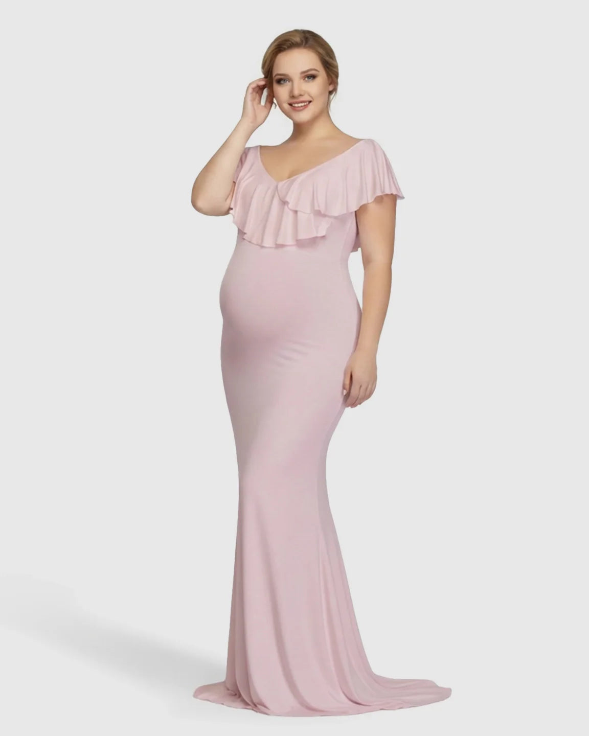 Bump Society – The Comfort Collection: Off-Shoulder Ruffled Bodycon Maternity Maxi Dress