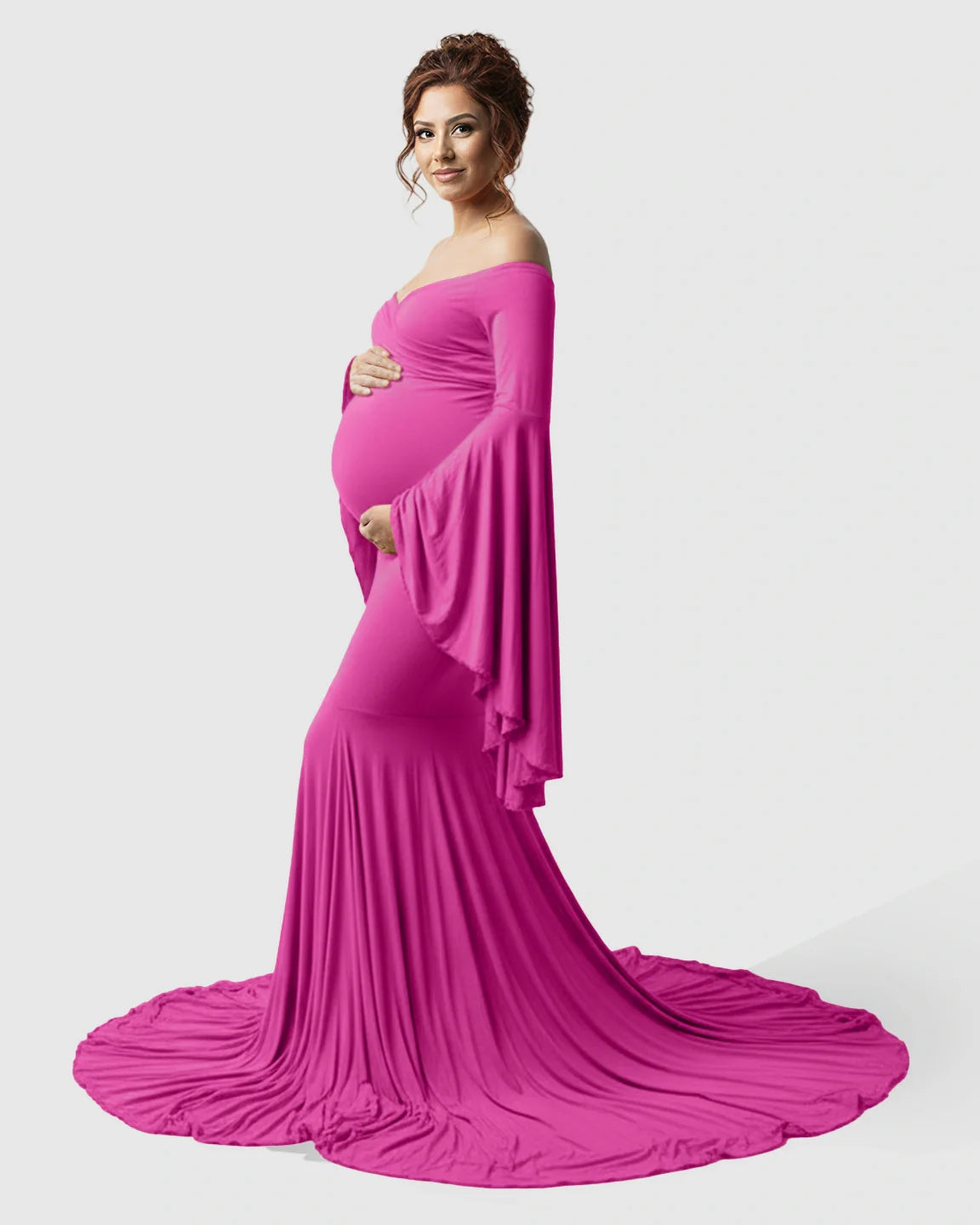 Bump Society – The Comfort Collection: Flared Sleeve Fishtail Train Maternity Photoshoot Dress