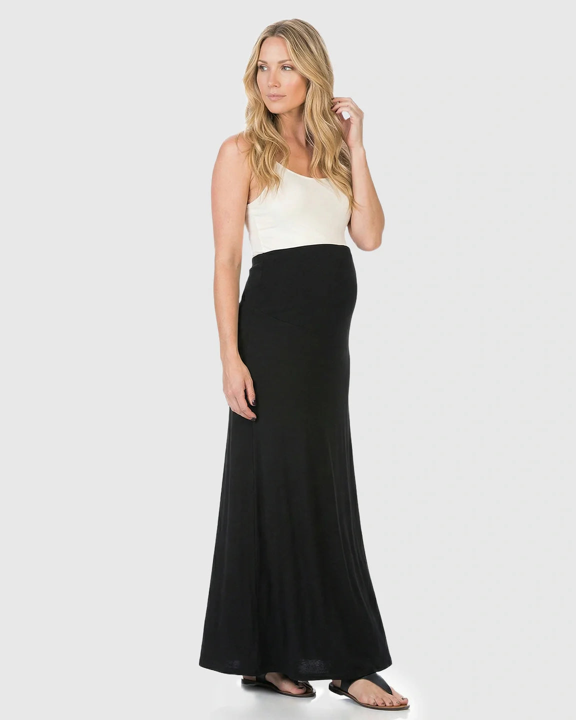 Bump Society – The Comfort Collection: Full-Panel Waistband Flowing Maternity Maxi Skirt