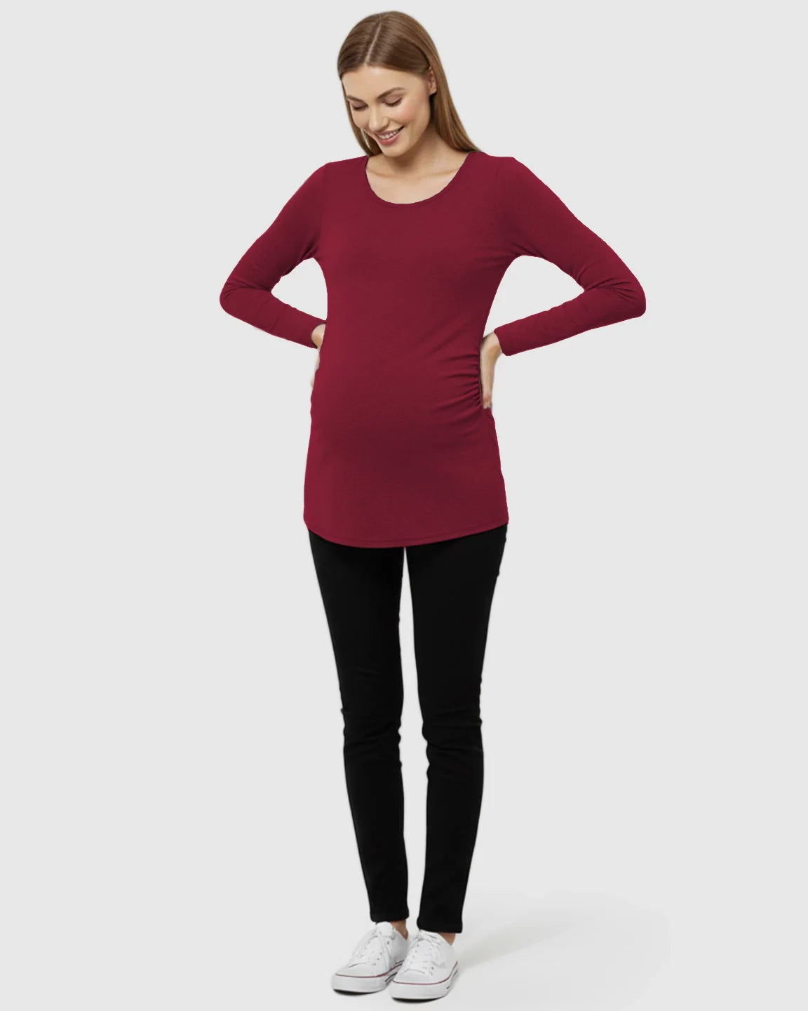 Bump Society – The Comfort Collection: Side Ruched Slim Fit Long Sleeve Maternity Top