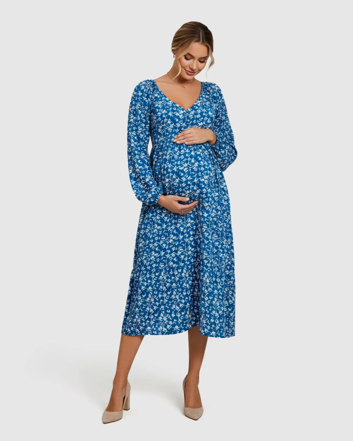 Blue floral chiffon A-line maternity dress with balloon sleeves, V-neck, and midi length.