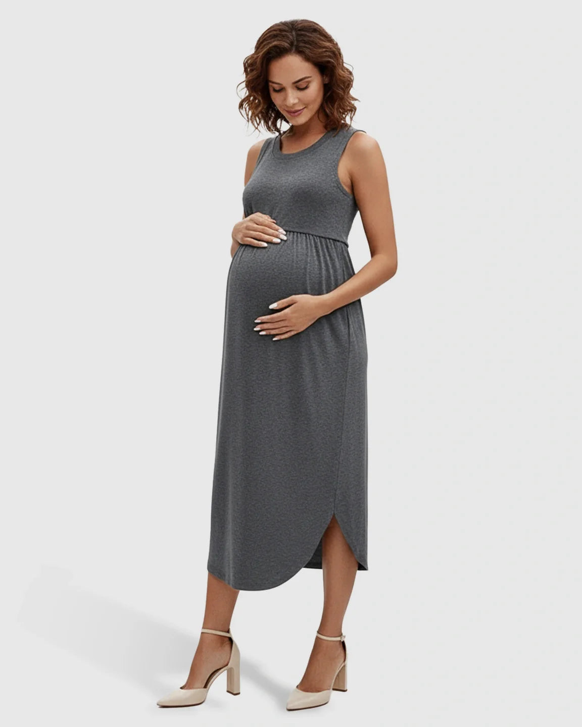 Bump Society – The Comfort Collection: Sleeveless Gathered-Waist Maternity Midi Dress