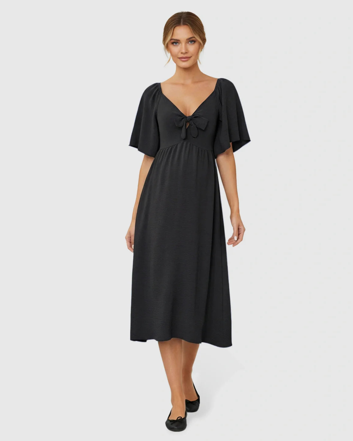 Bump Society – The Comfort Collection: Tie-Knot Front Swing Silhouette Maternity Midi Dress
