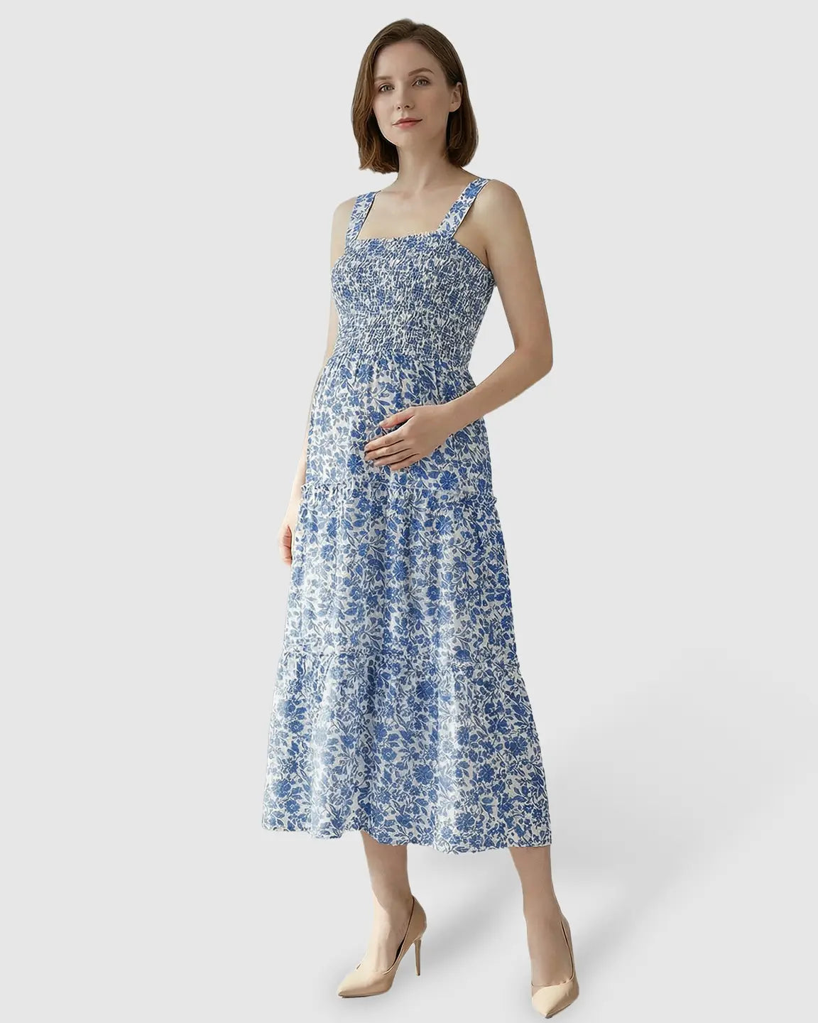 Bump Society – The Comfort Collection: Smocked Floral A-Line Maternity Midi Dress