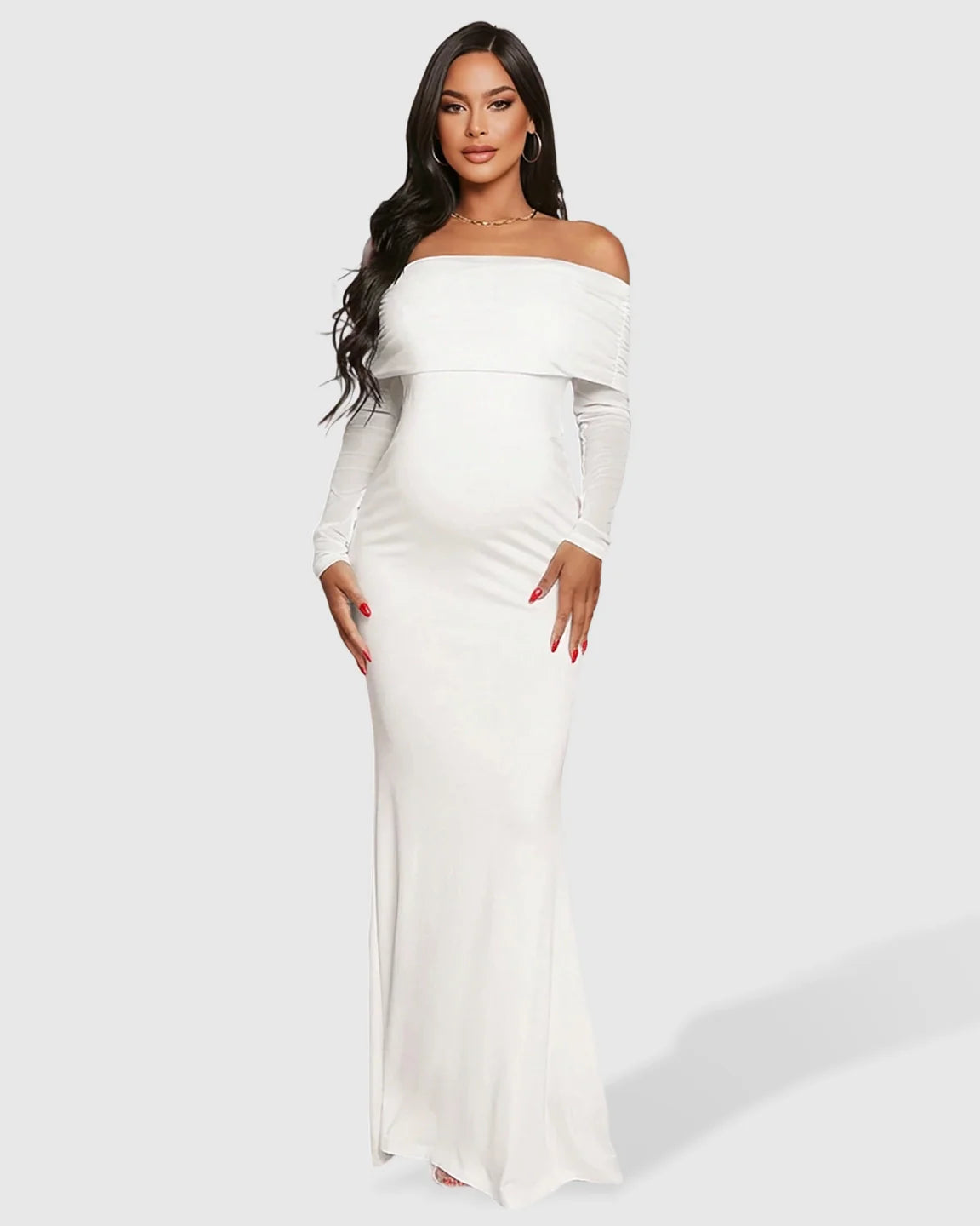 White off-shoulder draped neck mermaid fit maternity maxi dress in polyester stretch.