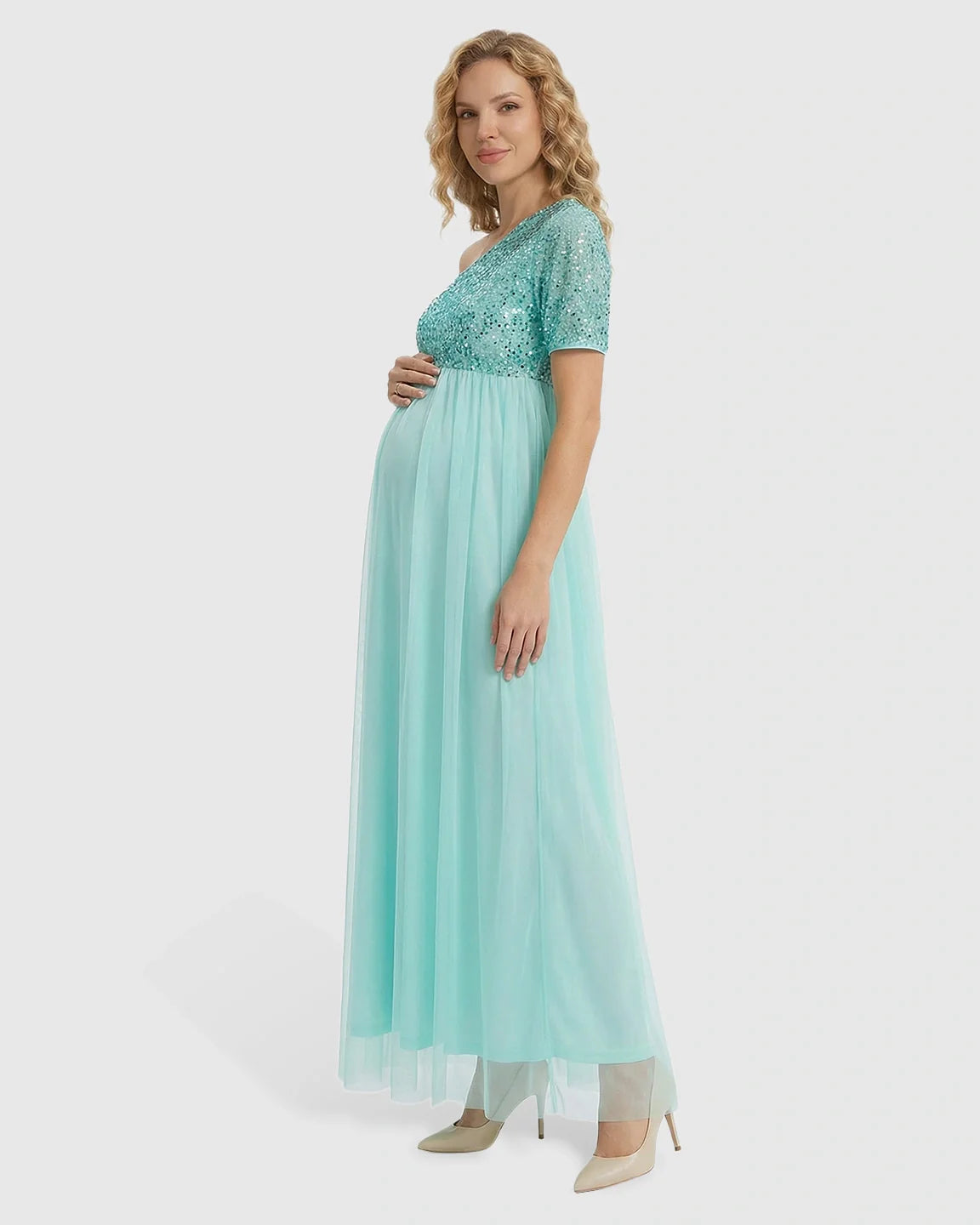 Bump Society – The Comfort Collection: Sequin One-Shoulder Flowy Maternity Maxi Dress