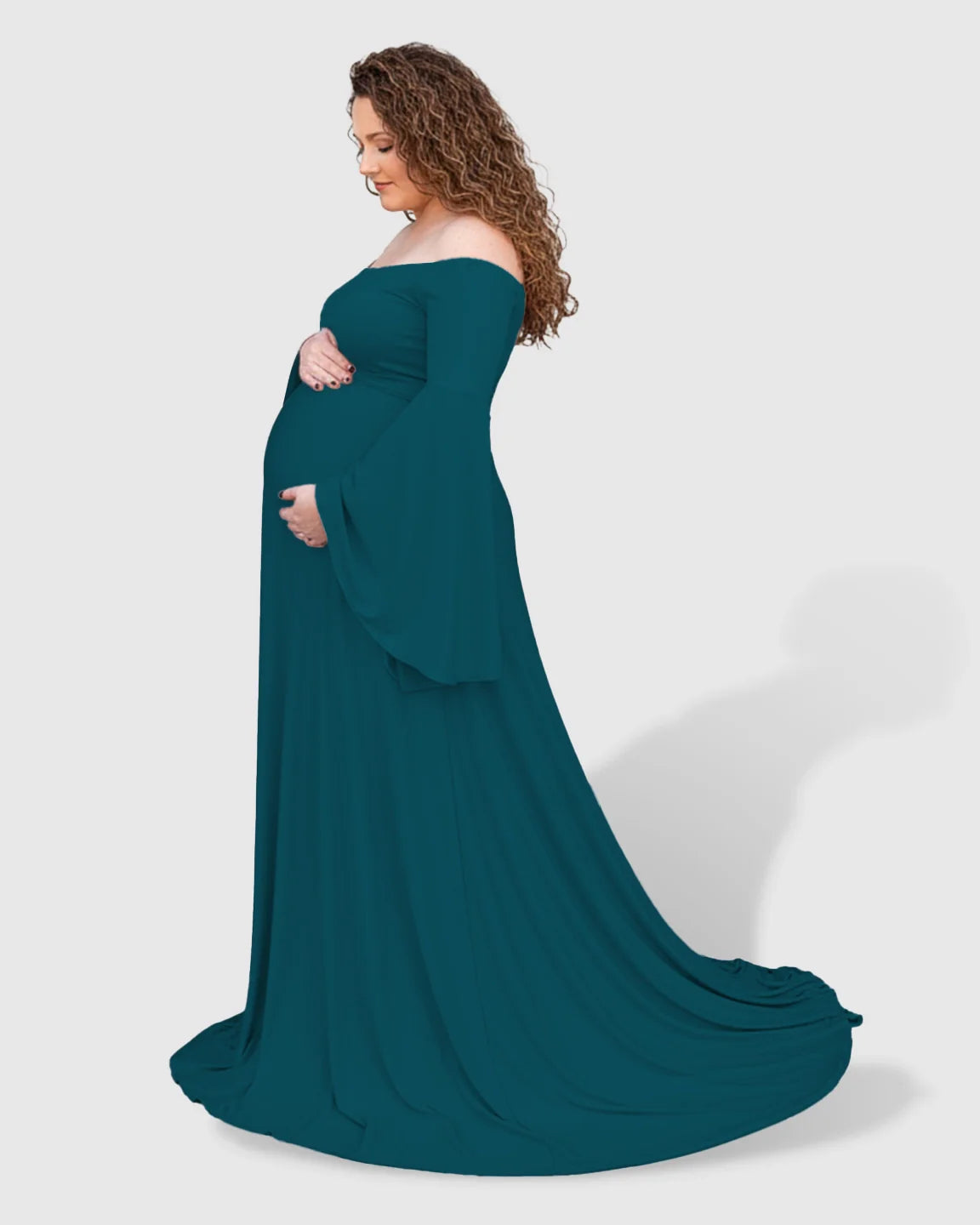 Bump Society – The Comfort Collection: Off-Shoulder Bell Sleeve Boho Maternity Photoshoot Maxi Dress