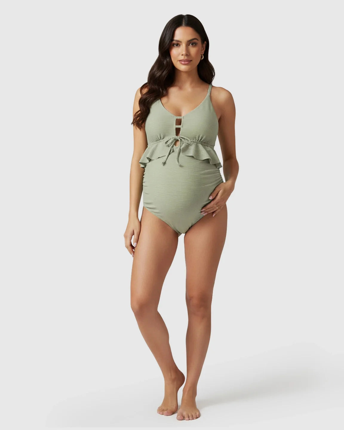 Sage green ruffle detail tankini maternity swimsuit with ruched sides and keyhole tie.