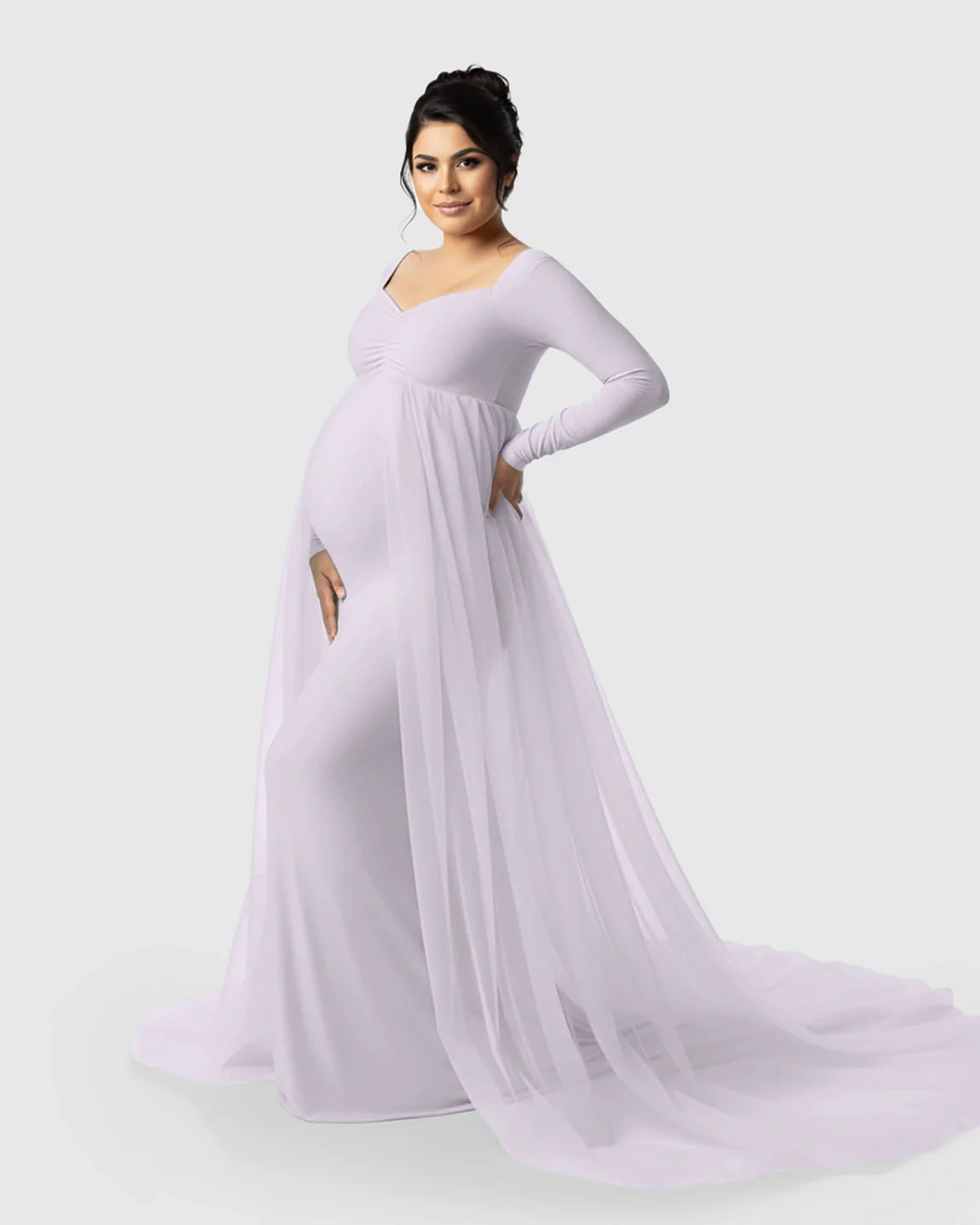 Bump Society – The Comfort Collection: Sheer Mesh Flowy Train Maternity Maxi Dress