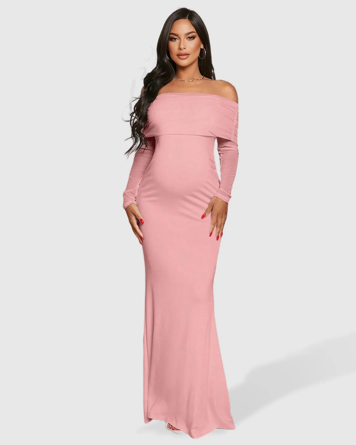 Pink off-shoulder draped neck mermaid fit maternity maxi dress with long sleeves.