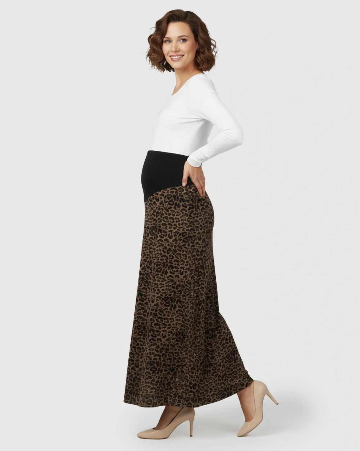 Bump Society – The Comfort Collection: Trendy Leopard Print A Line Cut Maternity Maxi Skirt