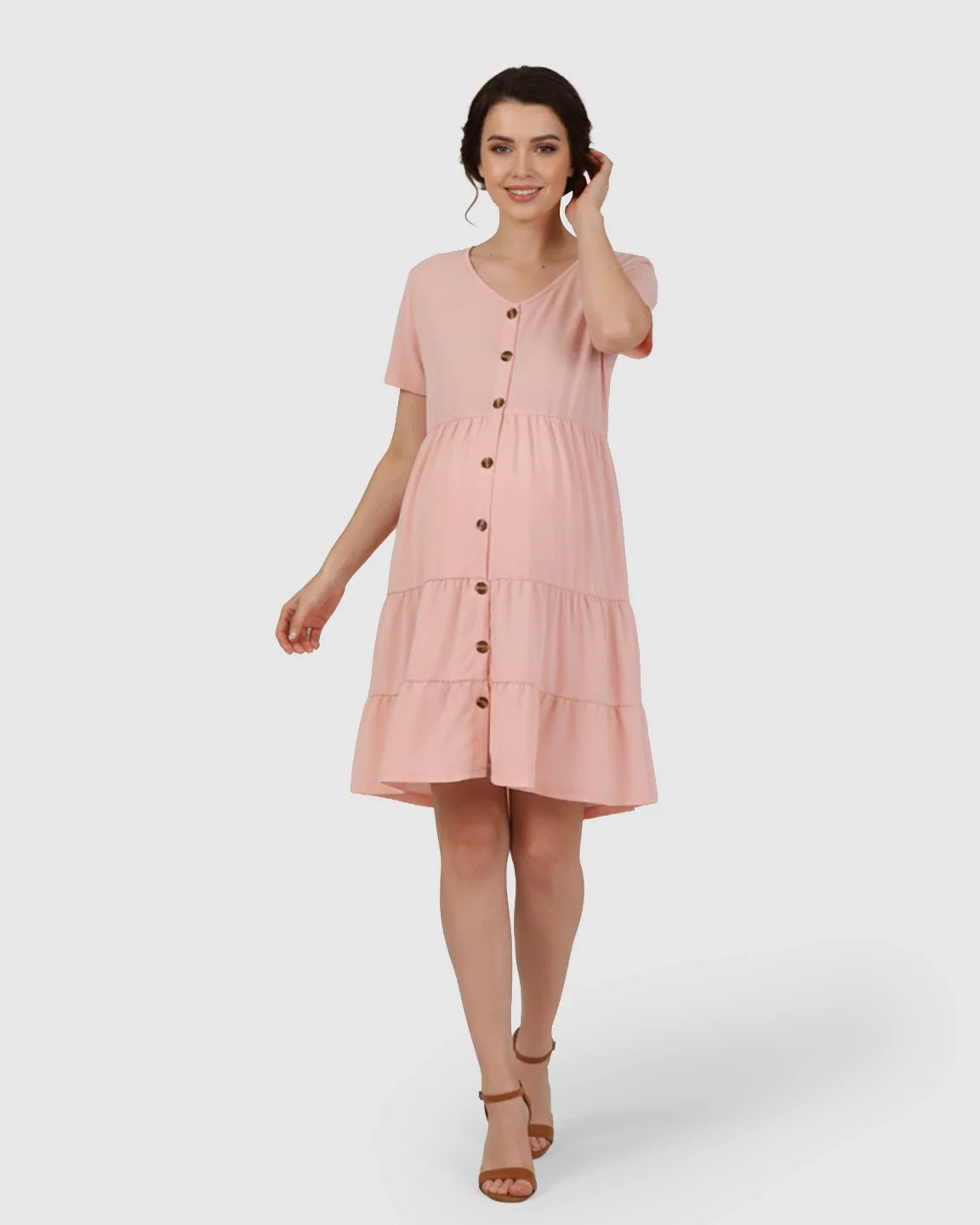 Bump Society – The Comfort Collection: Button Up Tiered Maternity Mini Dress