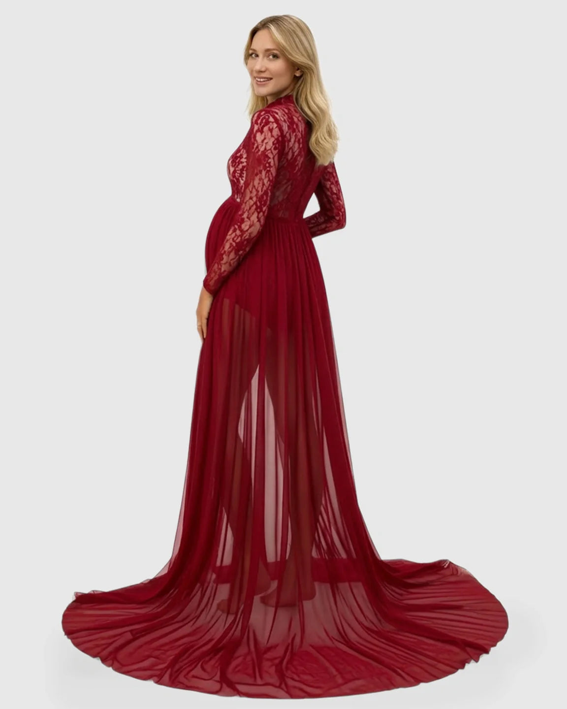 Bump Society – The Comfort Collection: Sheer Lace Double Slit Maternity Photoshoot Gown