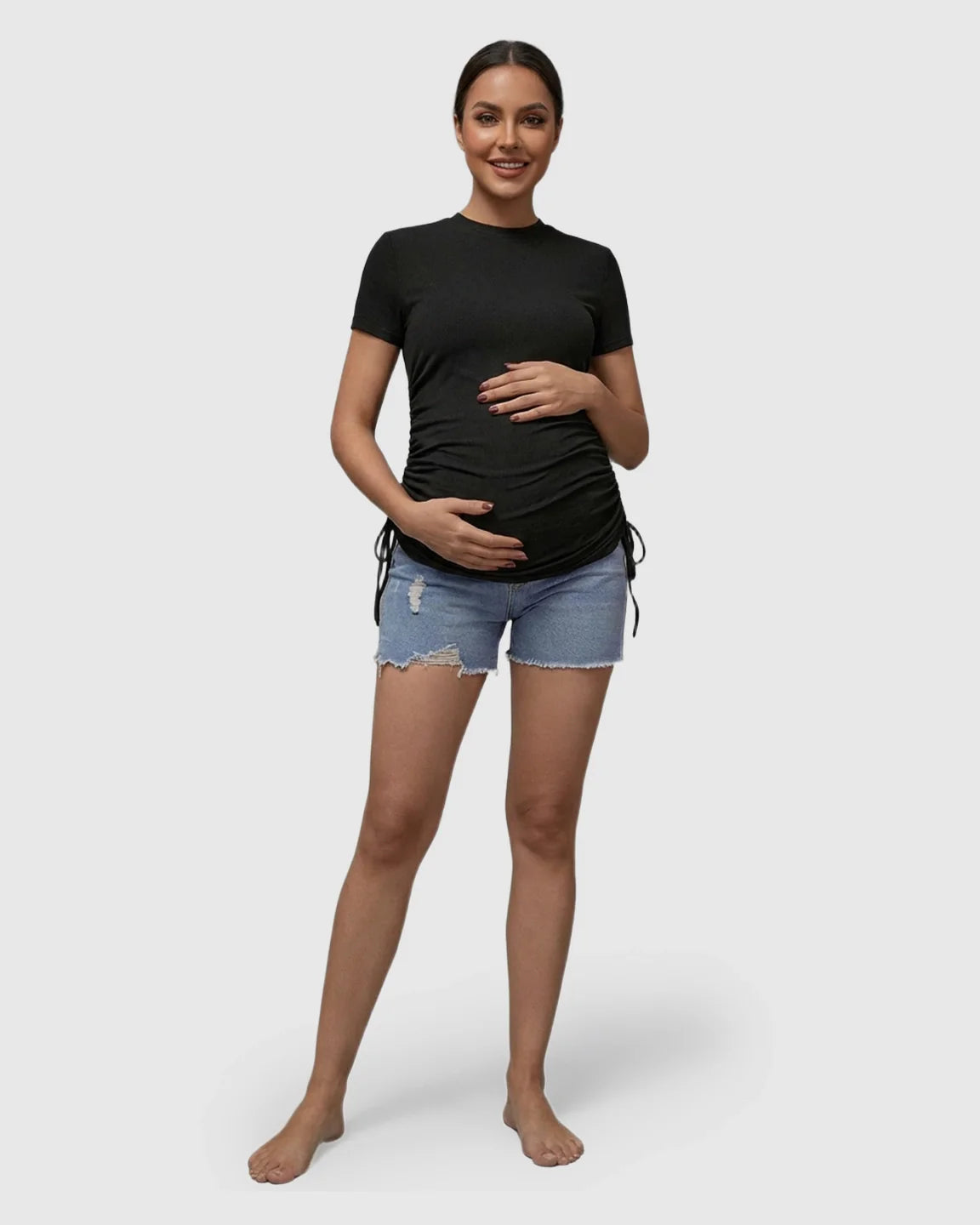 Bump Society – The Comfort Collection: Ruched Waist Casual Maternity Top With Denim Shorts
