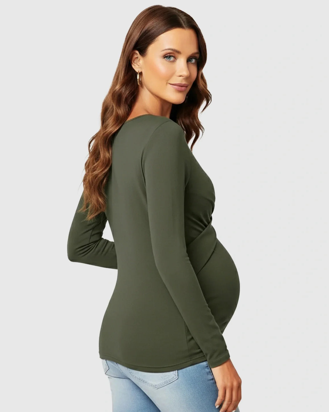 Maternity top in olive green with cross-pleat twist-front detail, long sleeves, and round neckline.