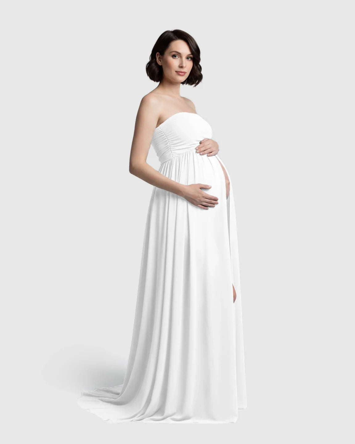 Bump Society – The Comfort Collection: Strapless Ruched Front Slit Maternity Photoshoot Dress