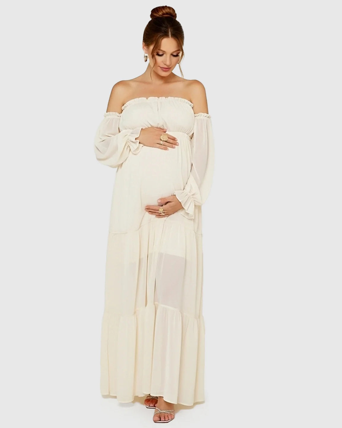 Bump Society – The Comfort Collection: Bardot-Neck Tiered Skirt Maternity Gown