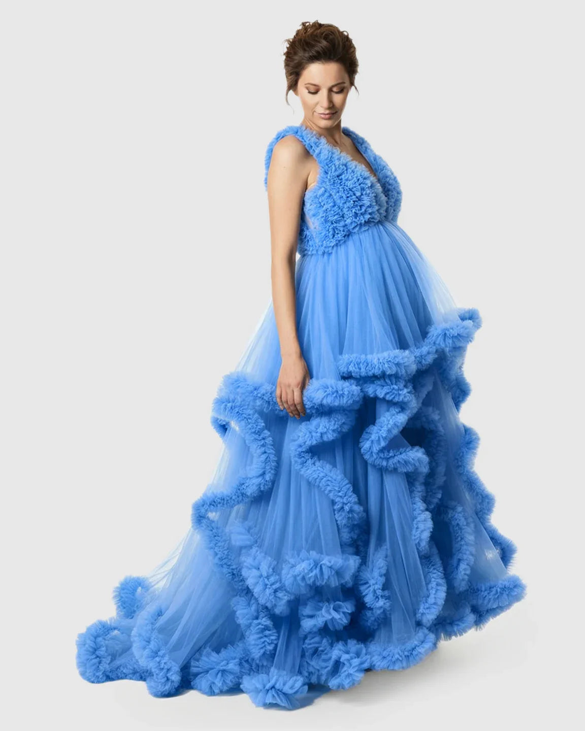 Bump Society – The Comfort Collection: Ruffled Bodice Multi-Layer Mesh Pleats Maternity Gown