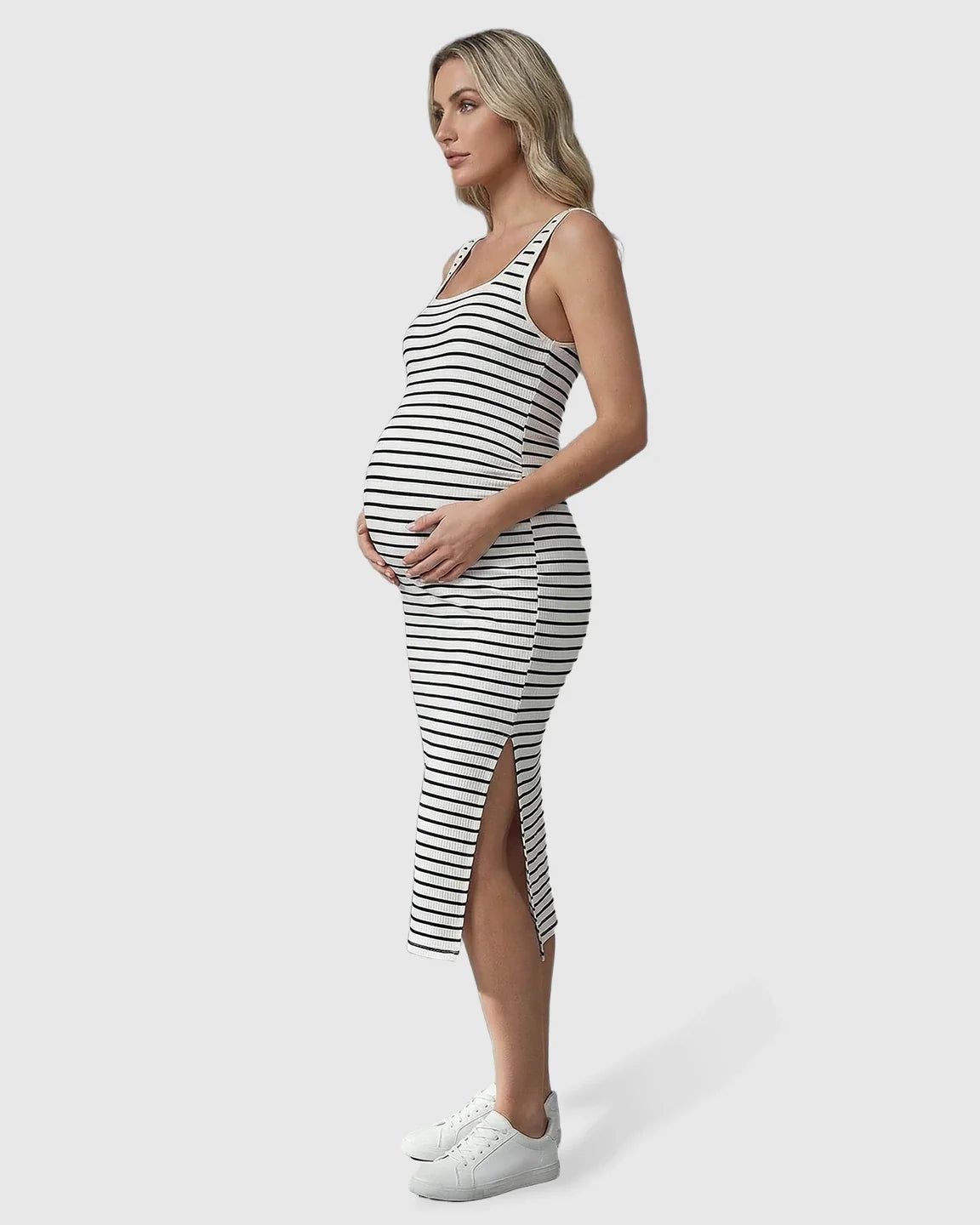Bump Society – The Comfort Collection: Stripe Print Side Slit Maternity Midi Dress