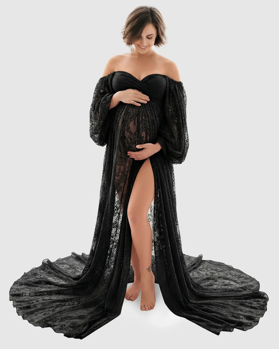 Bump Society – The Comfort Collection: Sheer Lace Flowy Maternity Photoshoot Gown