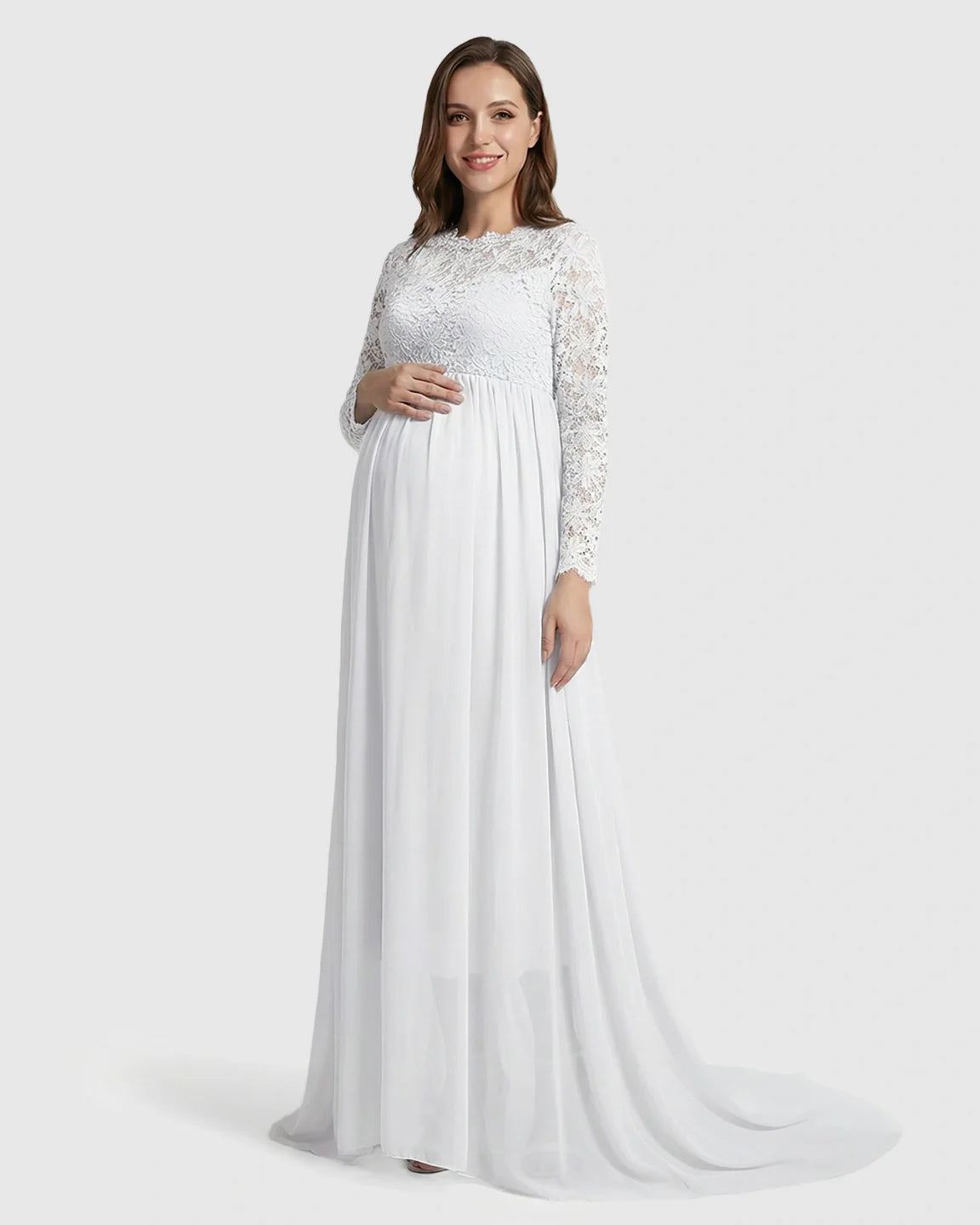 Bump Society – The Comfort Collection: Lace Bodice Trailing Skirt Maternity Photoshoot Gown