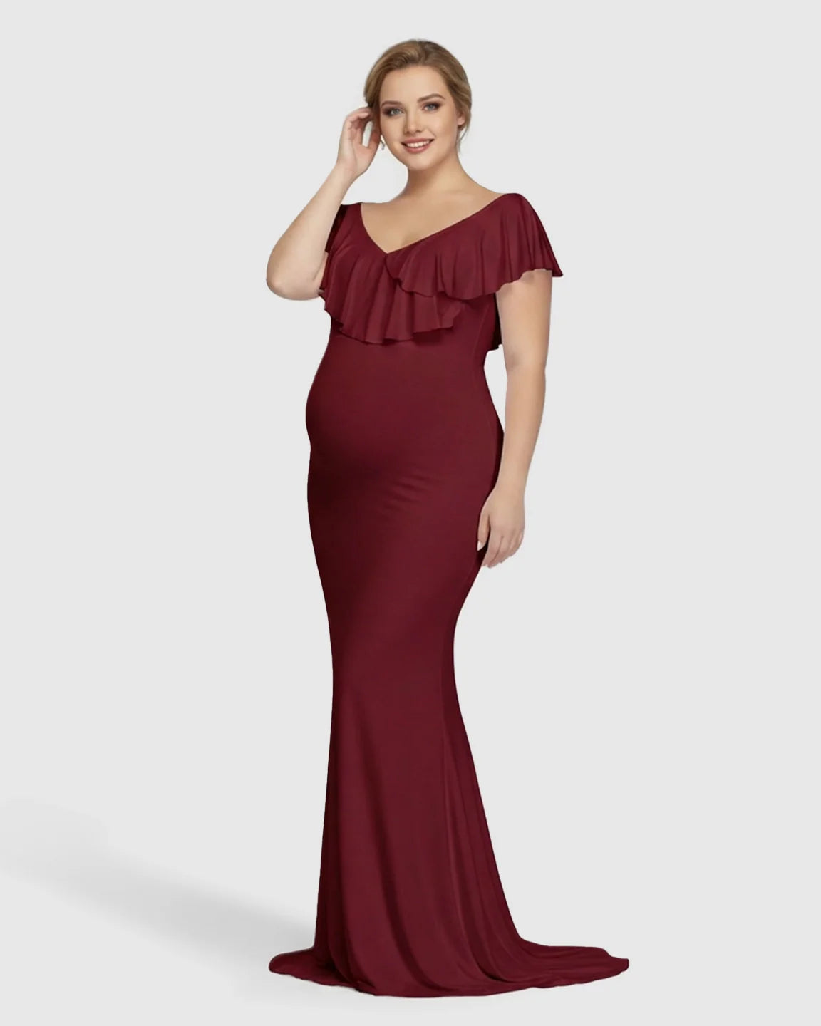 Bump Society – The Comfort Collection: Off-Shoulder Ruffled Bodycon Maternity Maxi Dress