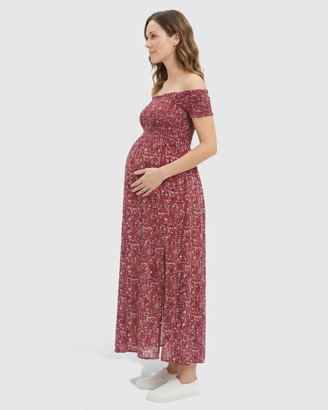 Bump Society – The Comfort Collection: Off-Shoulder Floral Pattern Maternity Maxi Dress