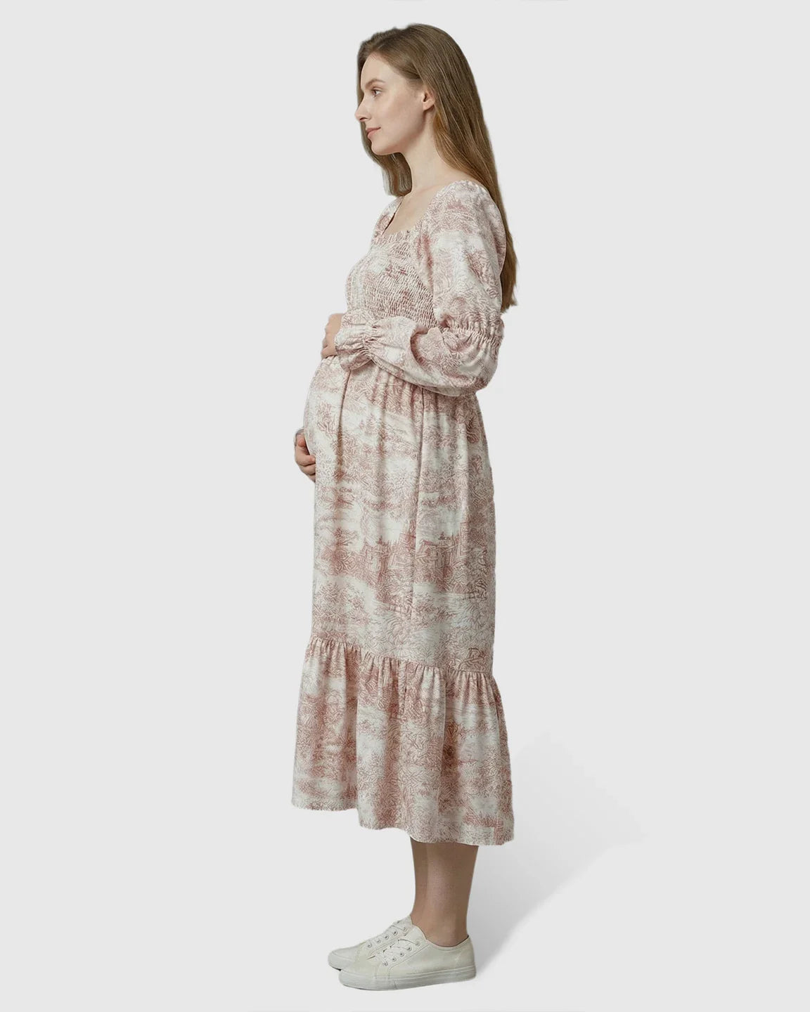 Bump Society – The Comfort Collection: Puffed Long-Sleeve Tiered Skirt Maternity Maxi Dress