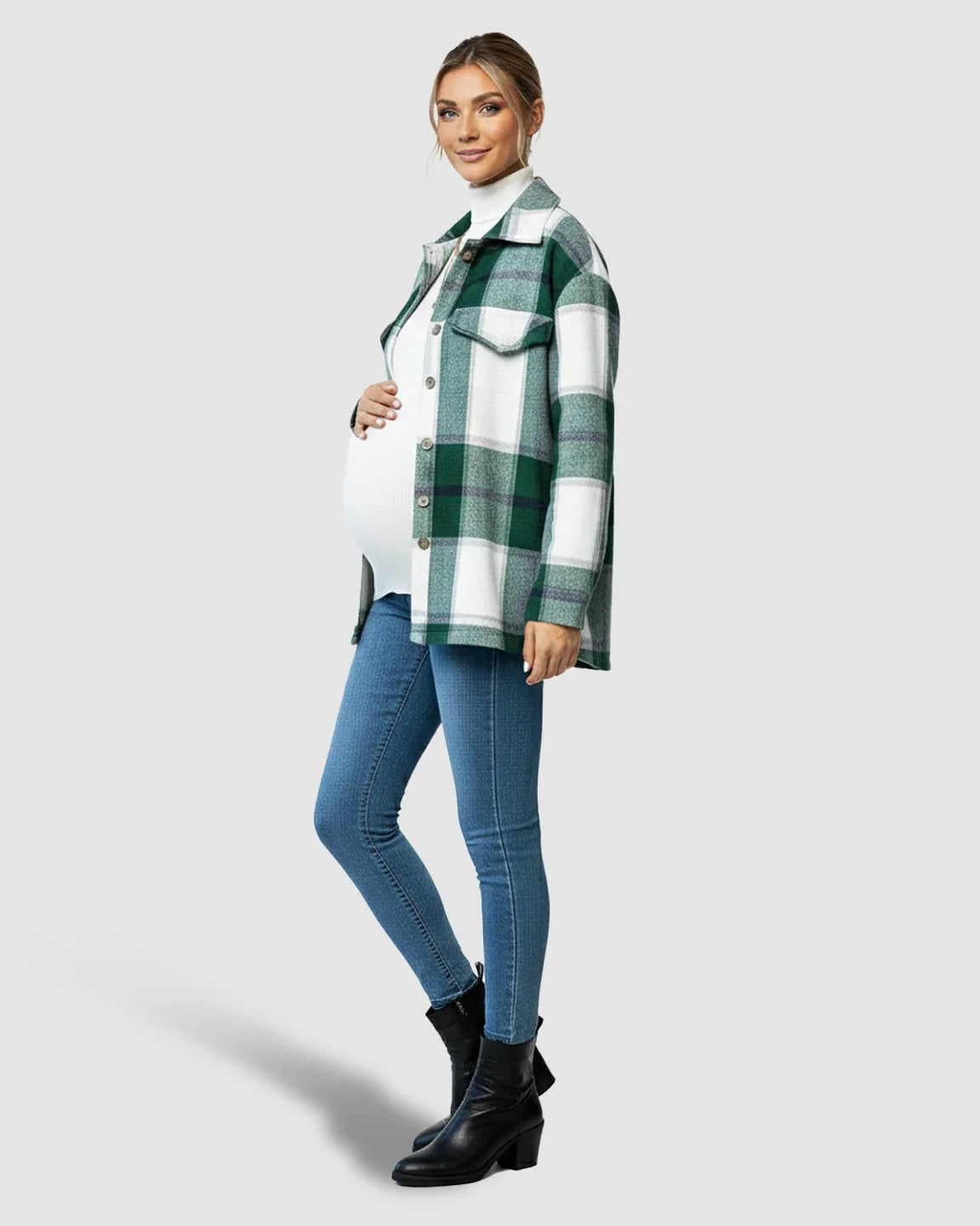 Bump Society – The Comfort Collection: Plaid Lapel Button Up Maternity Shacket