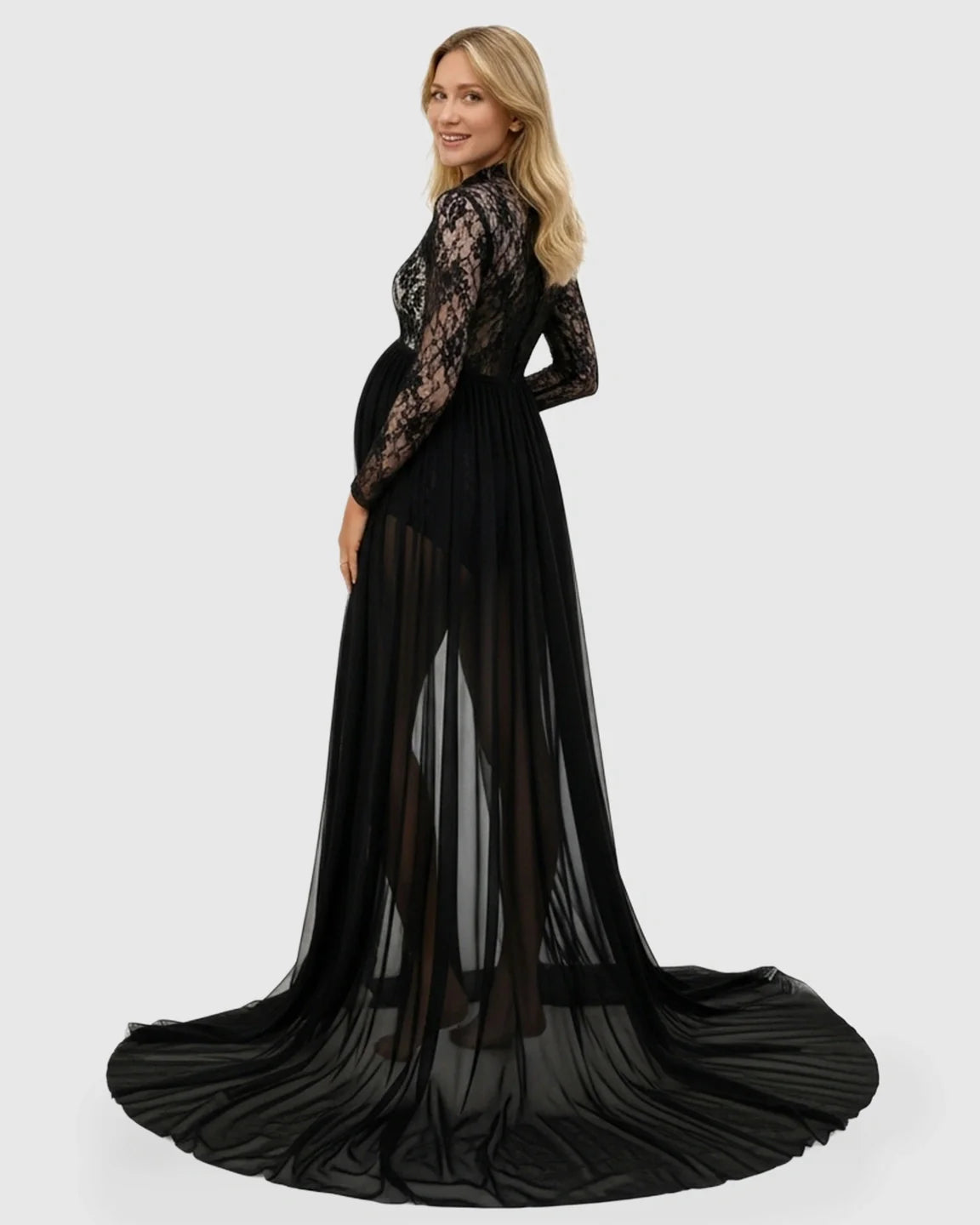 Bump Society – The Comfort Collection: Sheer Lace Double Slit Maternity Photoshoot Gown