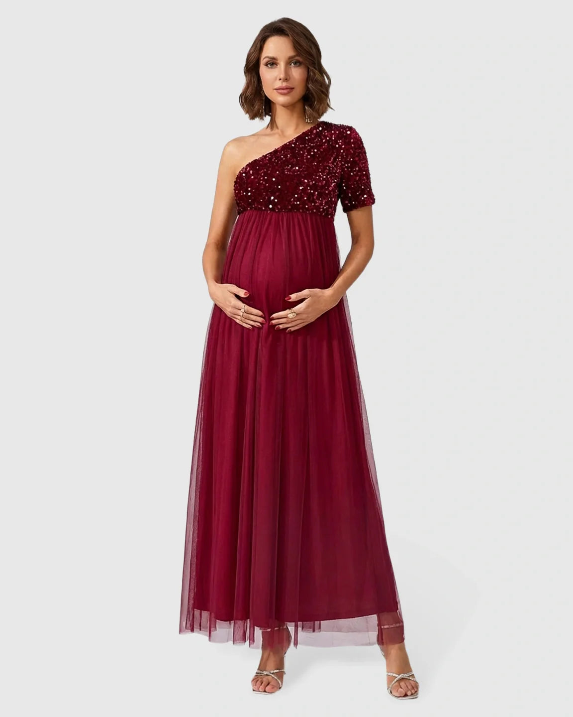 Bump Society – The Comfort Collection: Sequin One-Shoulder Flowy Maternity Maxi Dress