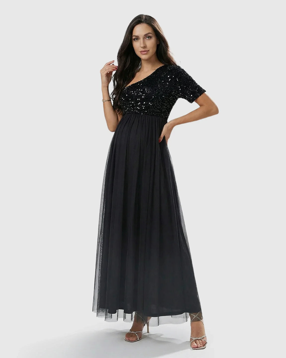 Bump Society – The Comfort Collection: Sequin One-Shoulder Flowing Mesh Maternity Maxi Dress